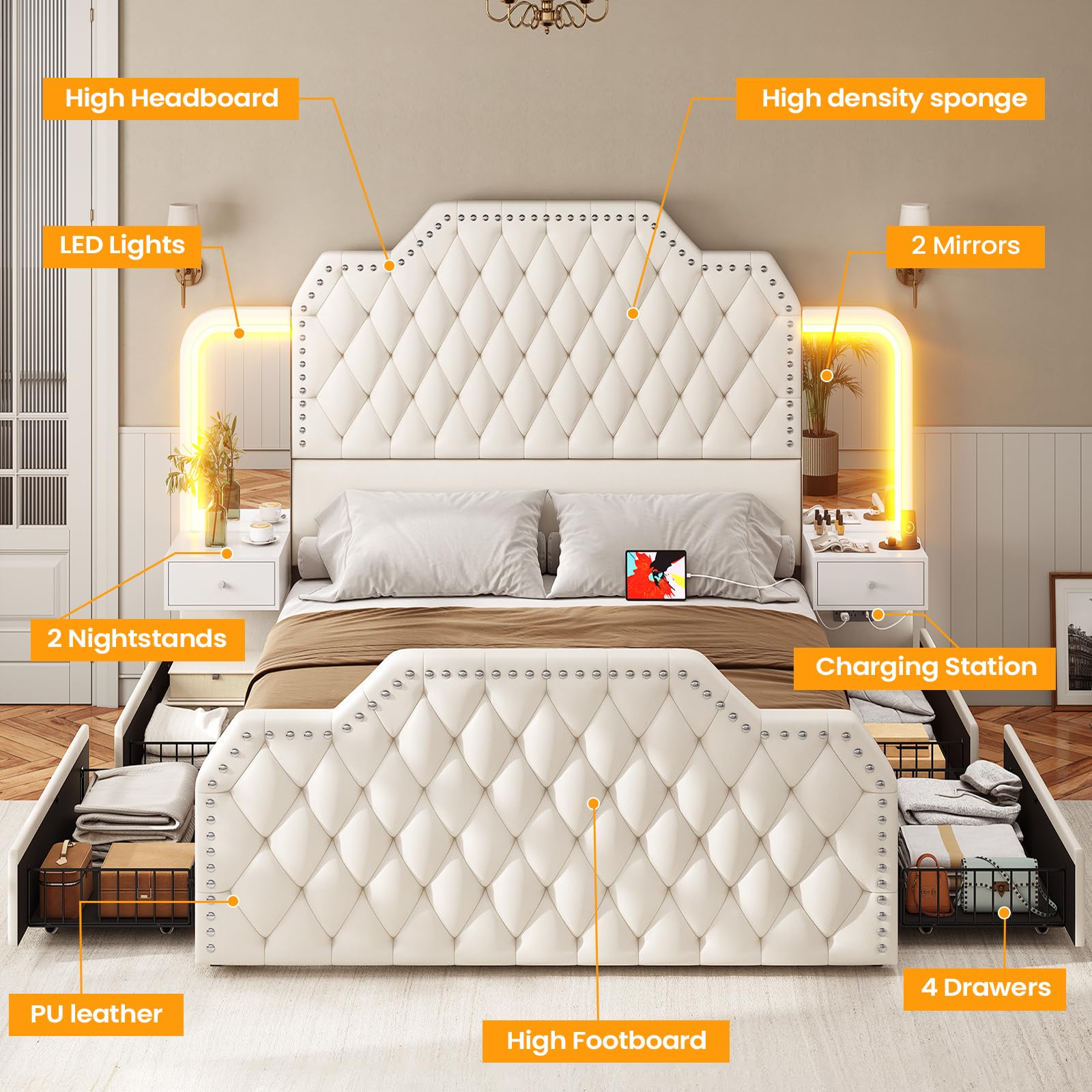 Queen Bed Frame with Storage Drawers, LED & Nightstands