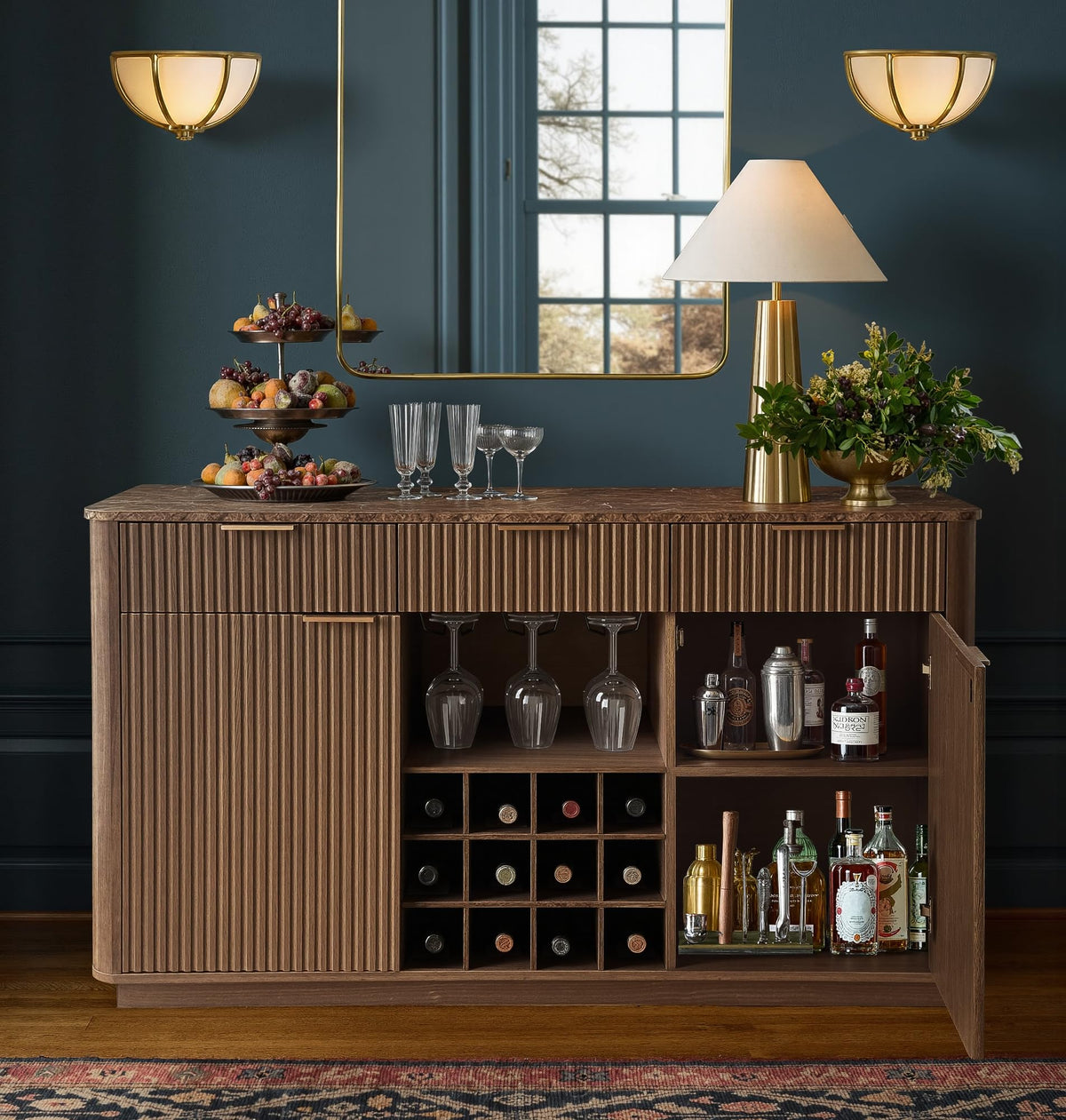 WIN2WIN 59" Fluted Sideboard, Wine Bar Cabinet with Faux Marble Top, Walnut