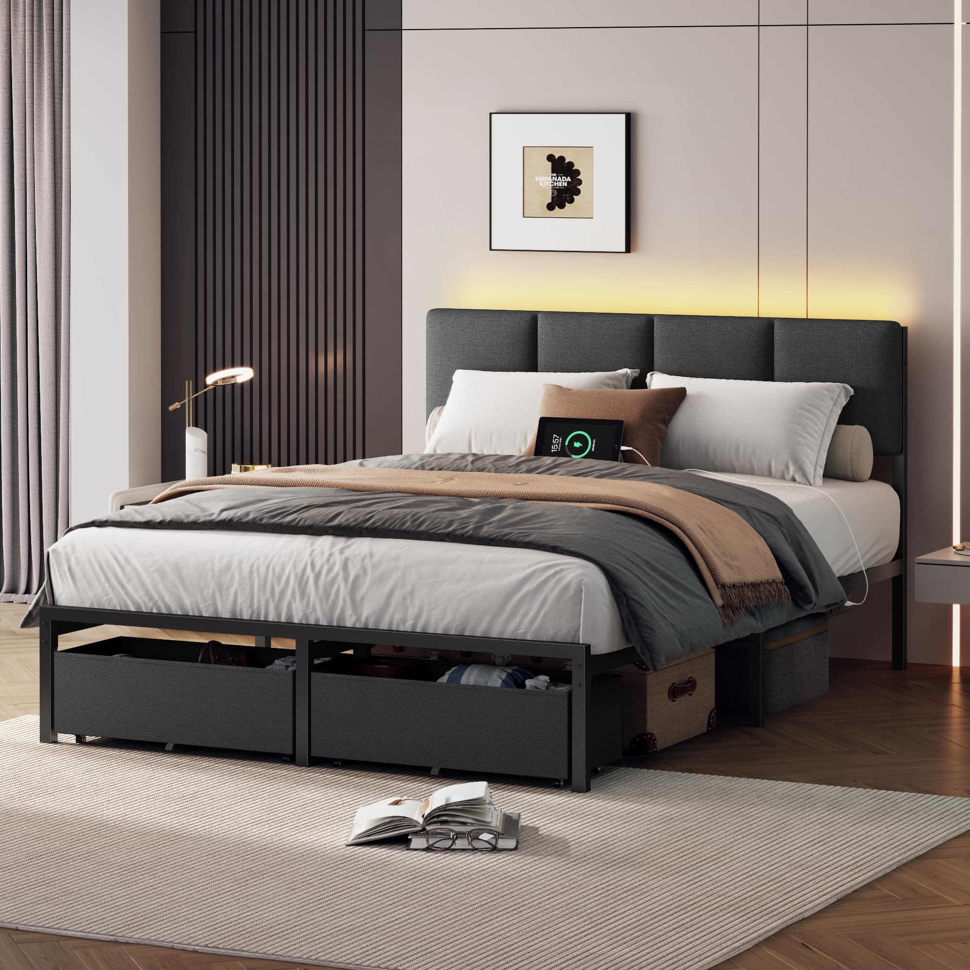 Full Size Bed Frame with LED Lighting & Storage Drawers