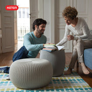 Keter Urban Knit Pouf Ottoman Set of 2 with Storage Table for Patio and Room Décor - Perfect for Balcony, Deck, and Outdoor Seating, Grey & White