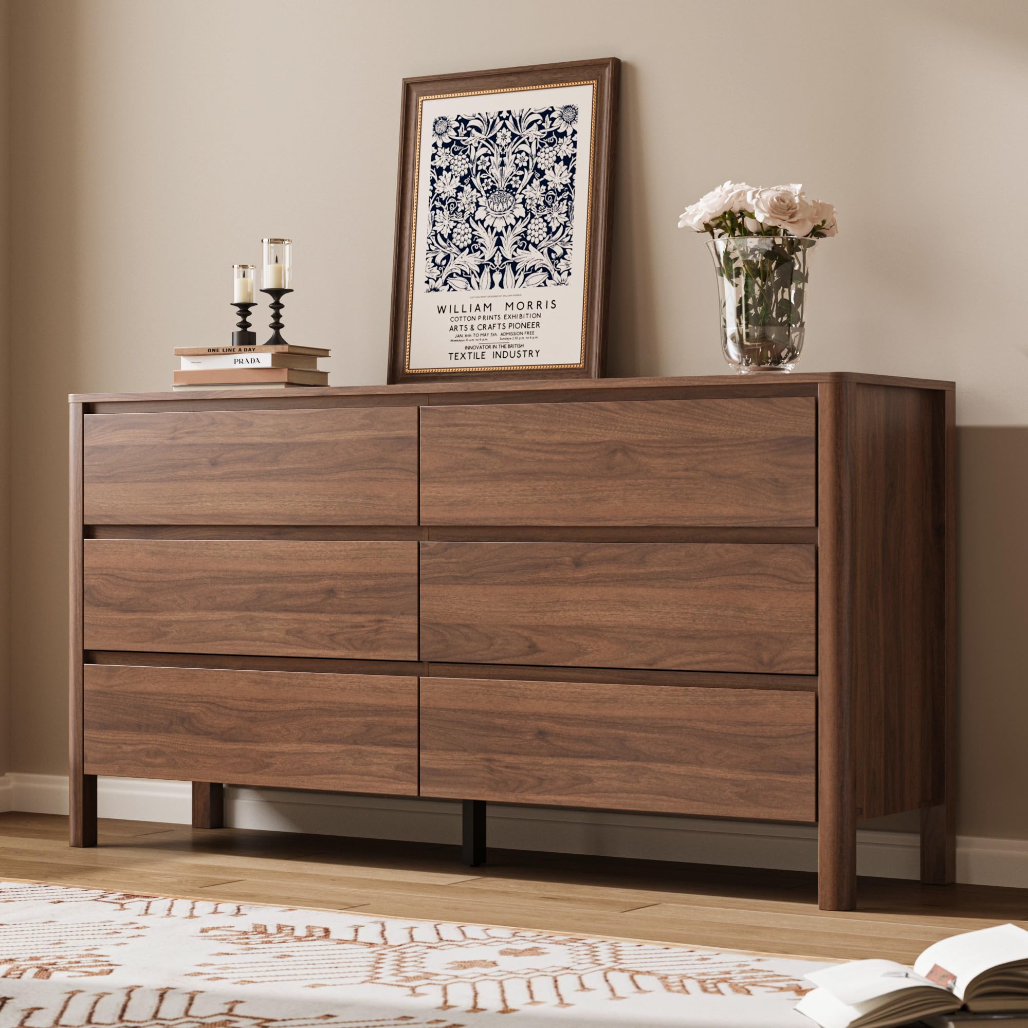 MAISONARIA Walnut 3-Piece Dresser Bedroom Set, 6 Drawers Dresser & 2 Drawer Nightstands with Hidden Handles, Wood Chest of Drawers for Bedroom, Living Room, Entryway