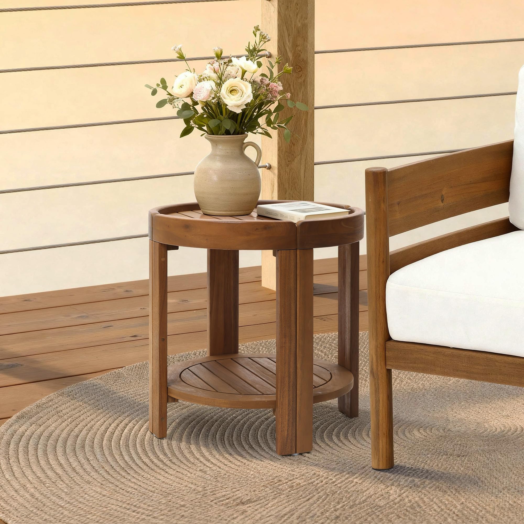 Acacia Wood Outdoor Side Table with Tray Top & Shelf