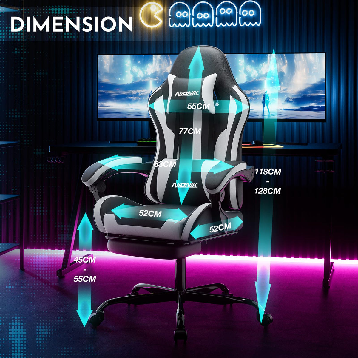 NIONIK Gaming Chair, Ergonomic Computer Chair with Footrest and Lumbar Support, Height Adjustable Game Chair with 360°-Swivel Seat and Headrest and for Office or Gaming Blackwhite