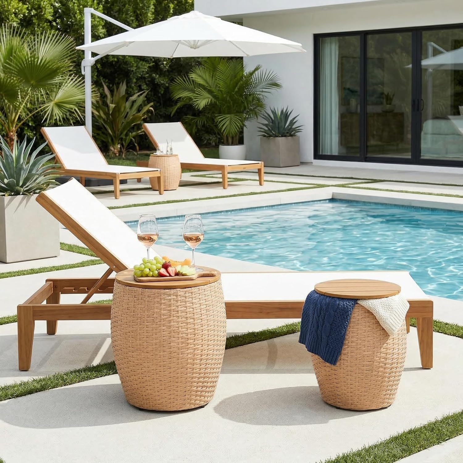Round Wicker Barrel Side Tables with Storage – Set of 2
