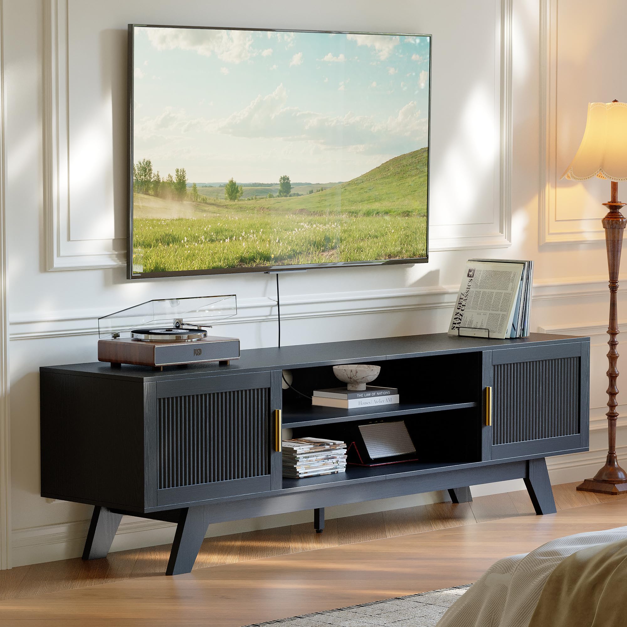 ChooChoo 59.5" Fluted TV Stands for 65 Inch TV, Mid Century Modern Entertainment Center with Storage and Adjustable Shelf, Long TV Console Media Table for Living Room, Bedroom, Black