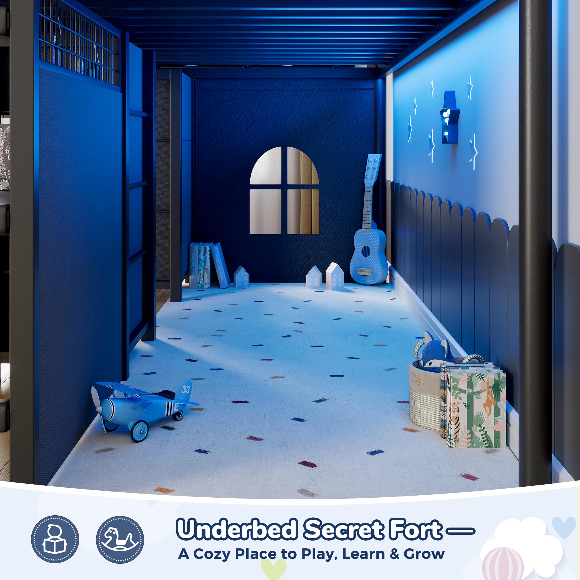 Kids Twin Loft Bed with Desk, Drawers & LED Lights