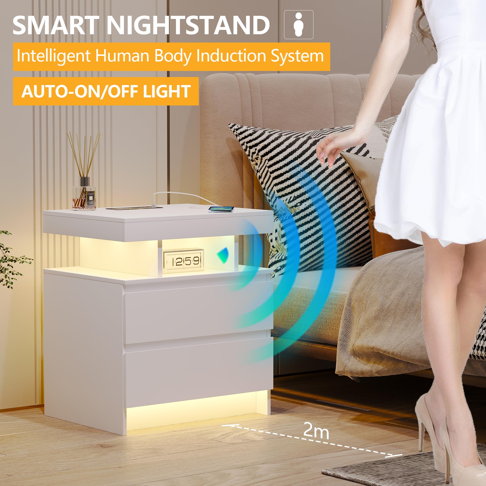 dnbss Nightstand with Charging Station and LED Light, Modern Night Stand with 2 Drawers, Smart Nightstand with USB Ports and Wireless Charger, Bedside Table for Bedroom, White