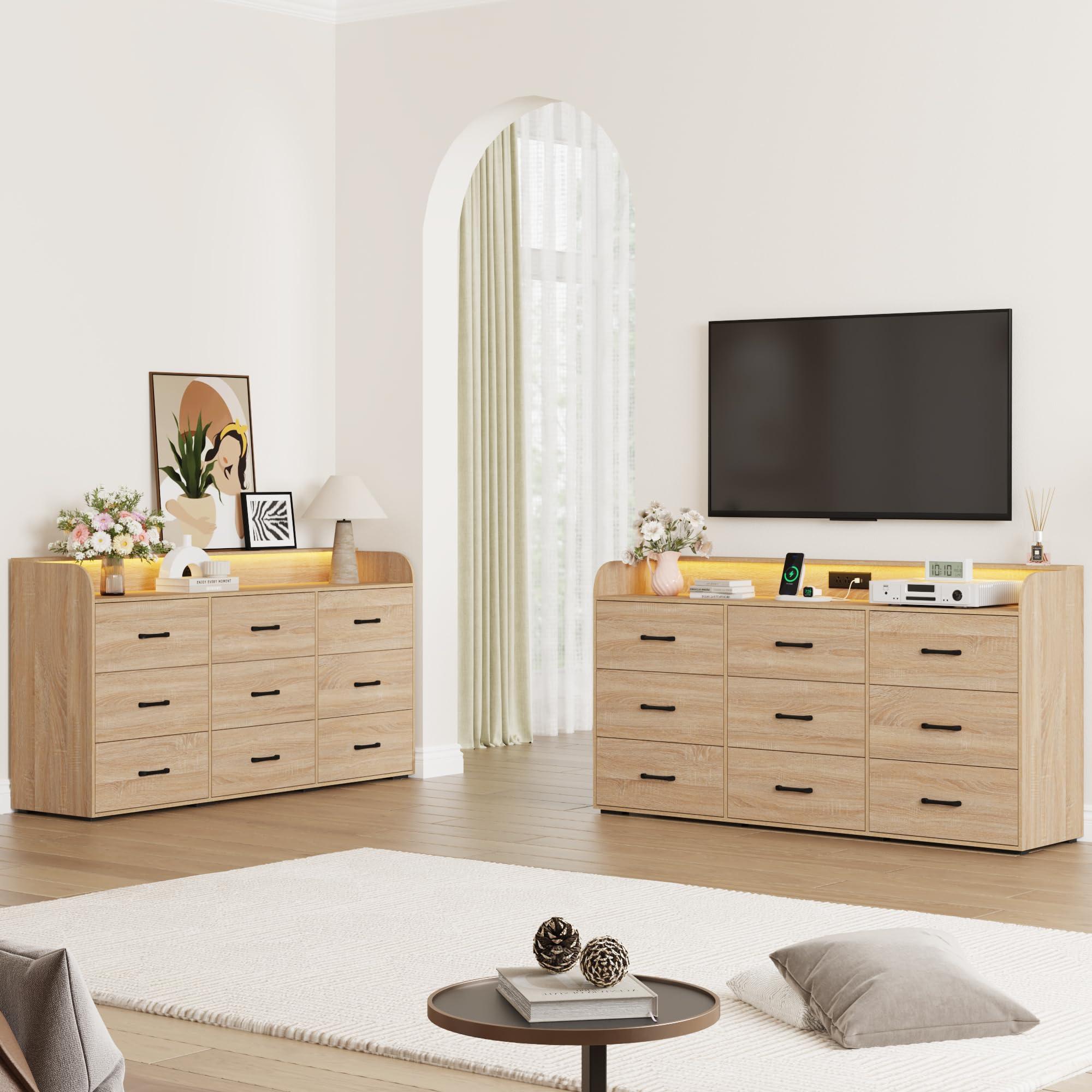 9 Drawers Dresser for Bedroom, 63" Wood Dresser with Power Outlet, LED Lights and Deep Drawers, Wide Chest of Drawers, Modern Minimalist Closet Dressers for Kids Bedroom, Living Room, Nursery, Oak