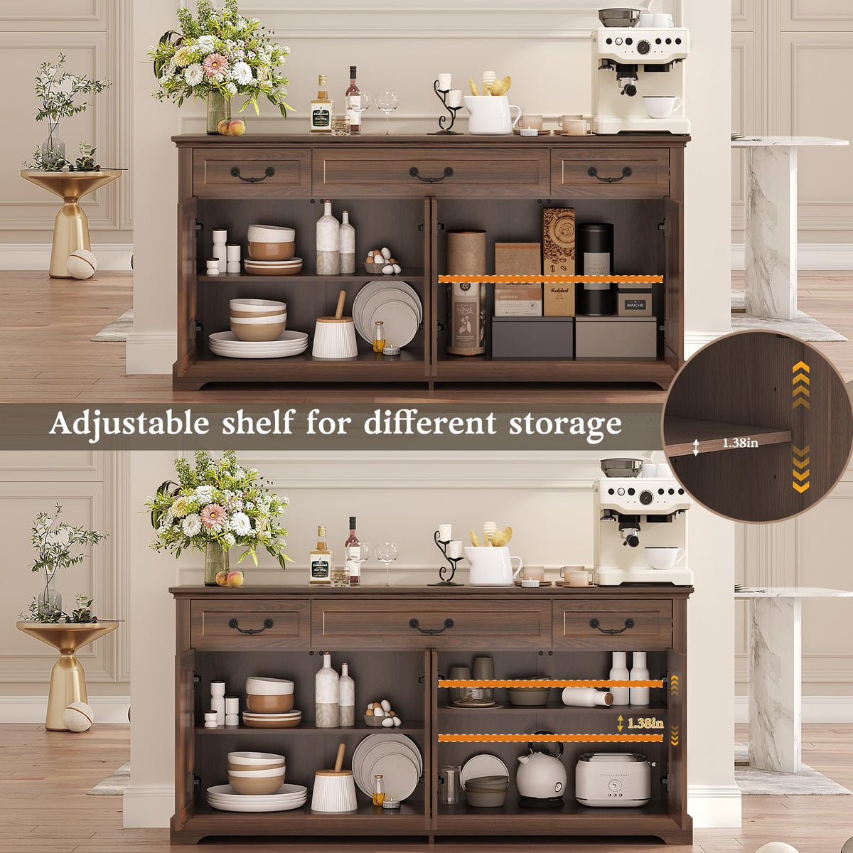 Vipbear 65" Large Sideboard Buffet Cabinet with Storage, Farmhouse Buffet Table Wine Coffee Bar Kitchen Storage Cabinet with 3 Drawers 4 Doors for Living Room, Kitchen, Dining Room, Dark Walnut