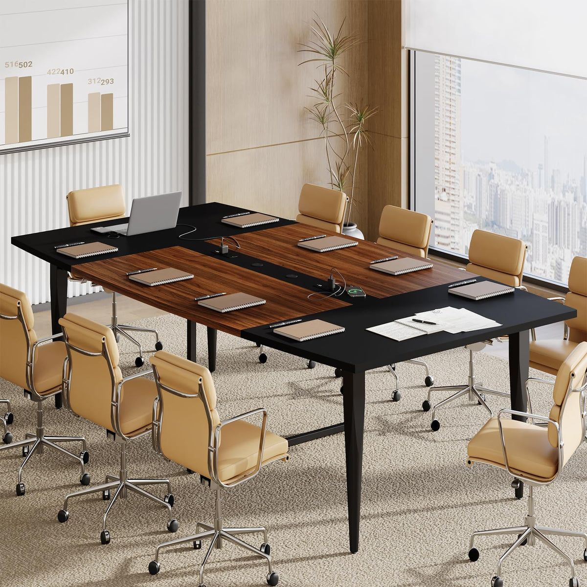 Yanosaku 8FT Conference Table with Power Hubs, Large Meeting Table for 8-10 People, Sturdy Metal Legs, 2 Cable Grommets, Modern Office Conference Table for Conference Room, Office, Meeting Room