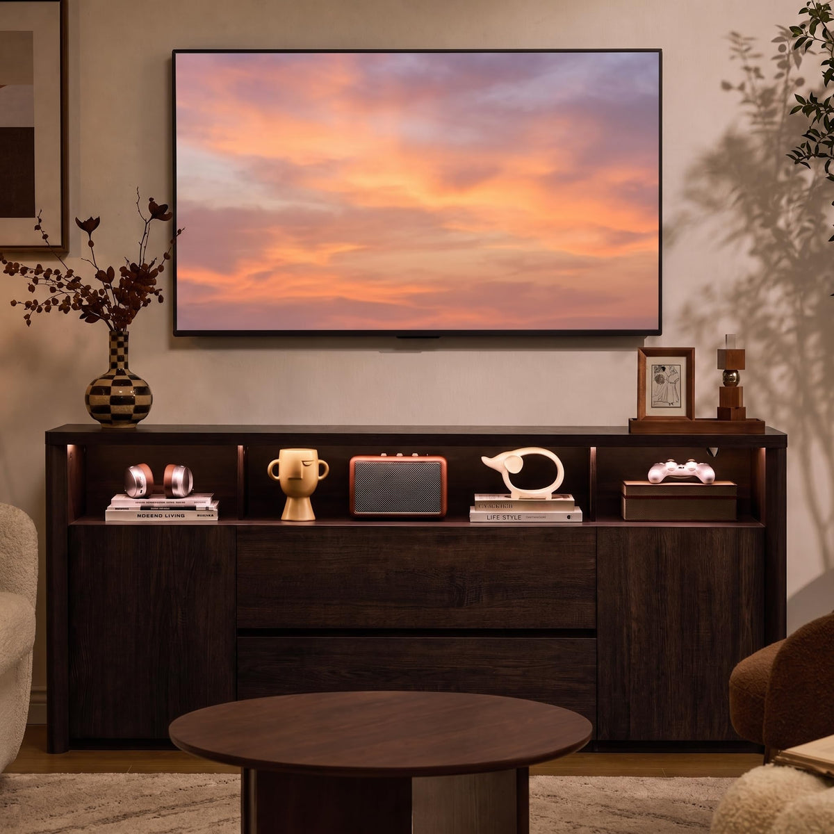 Walnut TV Stand with LED & Charging Station
