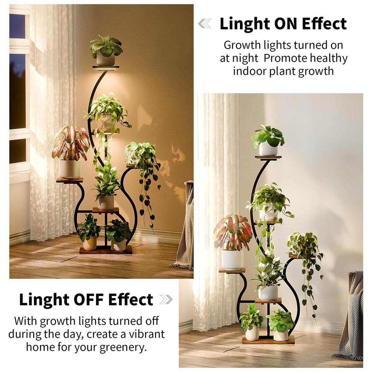 BACEKOLL Plant Stand with Grow Lights 6 Tier 55" S-Shaped Plant Shelf Black
