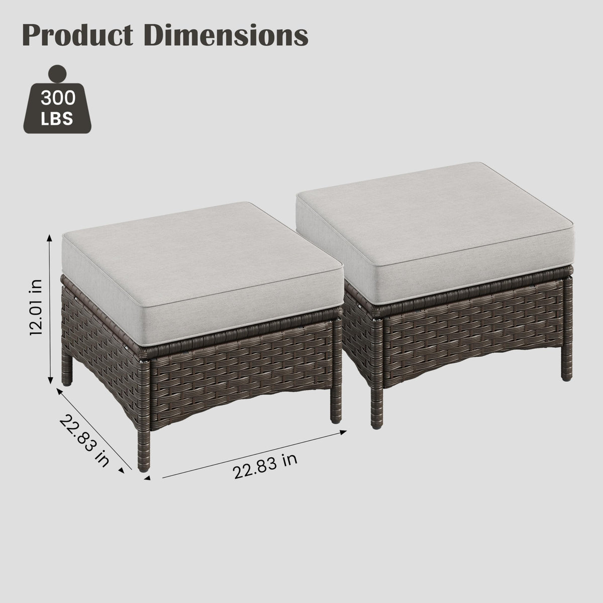 Sundale Outdoor Set of 2 Wicker Ottomans, 22.83" x 22.83" Outdoor Footrest with 4" Thick Large Cushions, All Weather Rattan Patio Ottoman for Footstool, Side Table (Grey)