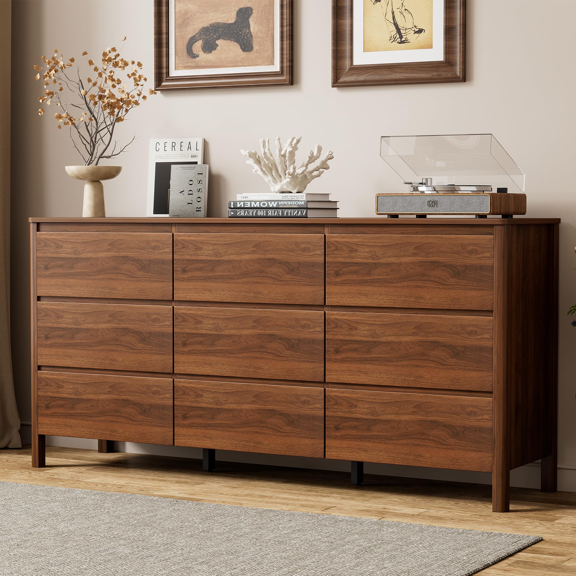Furniway 63" Mid-Century Modern Dresser for Bedroom, 9 Drawer Wide Chest of Drawers with Wood Legs, Large Storage Bedroom Dresser, Walnut
