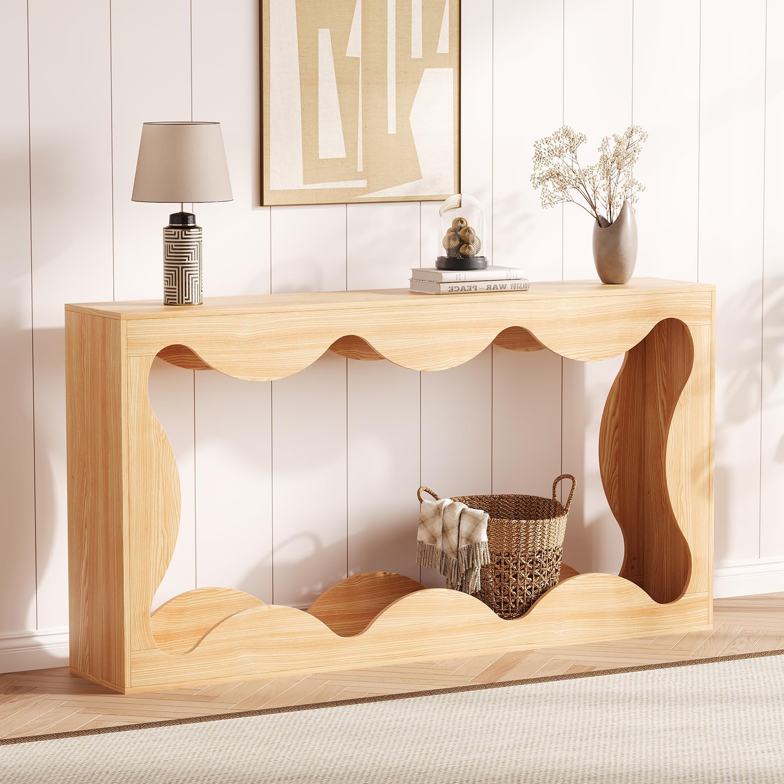 63" Rustic Scalloped Entryway Console Table, Narrow Wood Sofa Table with Storage for Behind Couch, Living Room, Hallway & Apartments, Natural