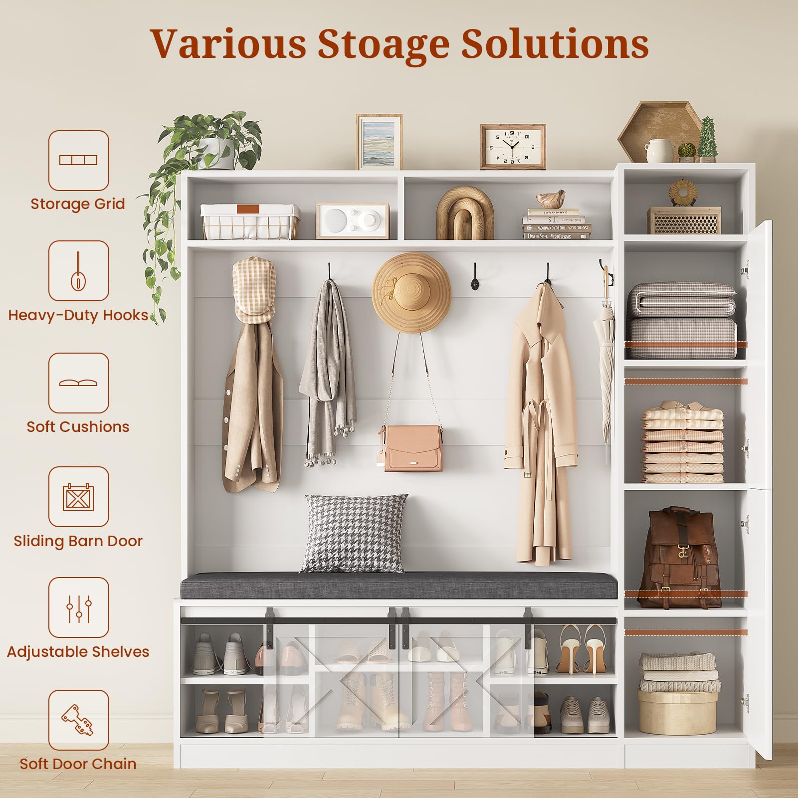 60IN Hall Tree with Bench, Shoe Storage & Mirror