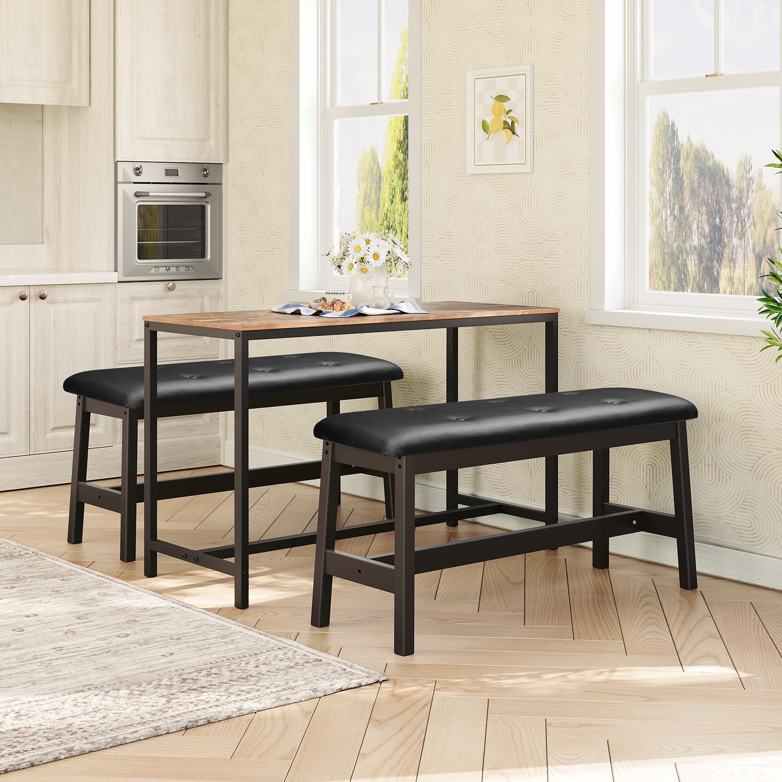 Bamboo Dining Bench with PU Leather Seat
