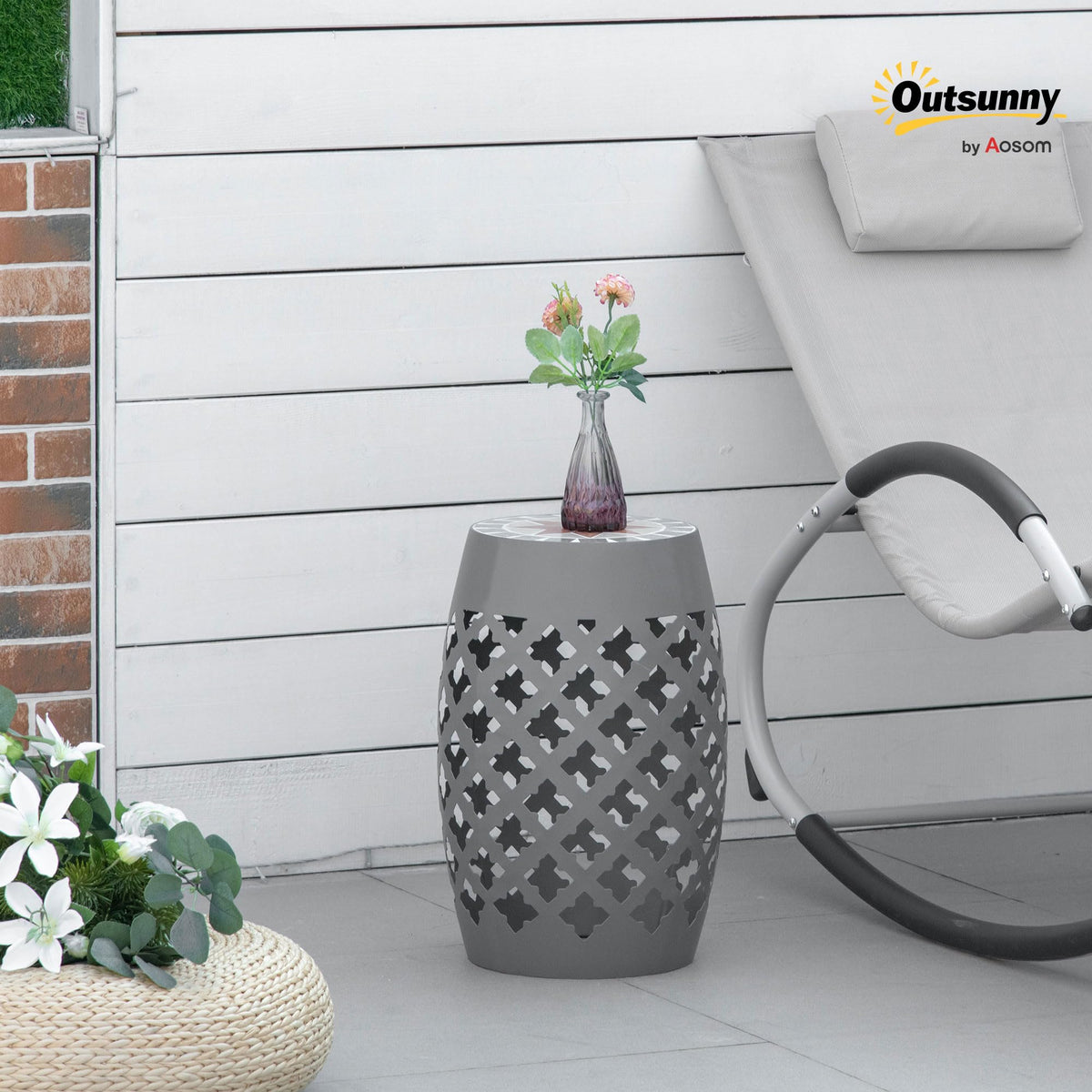 Outsunny Decorative Outdoor Stool, 12" Round Patio Side Table, Mosaic Gray