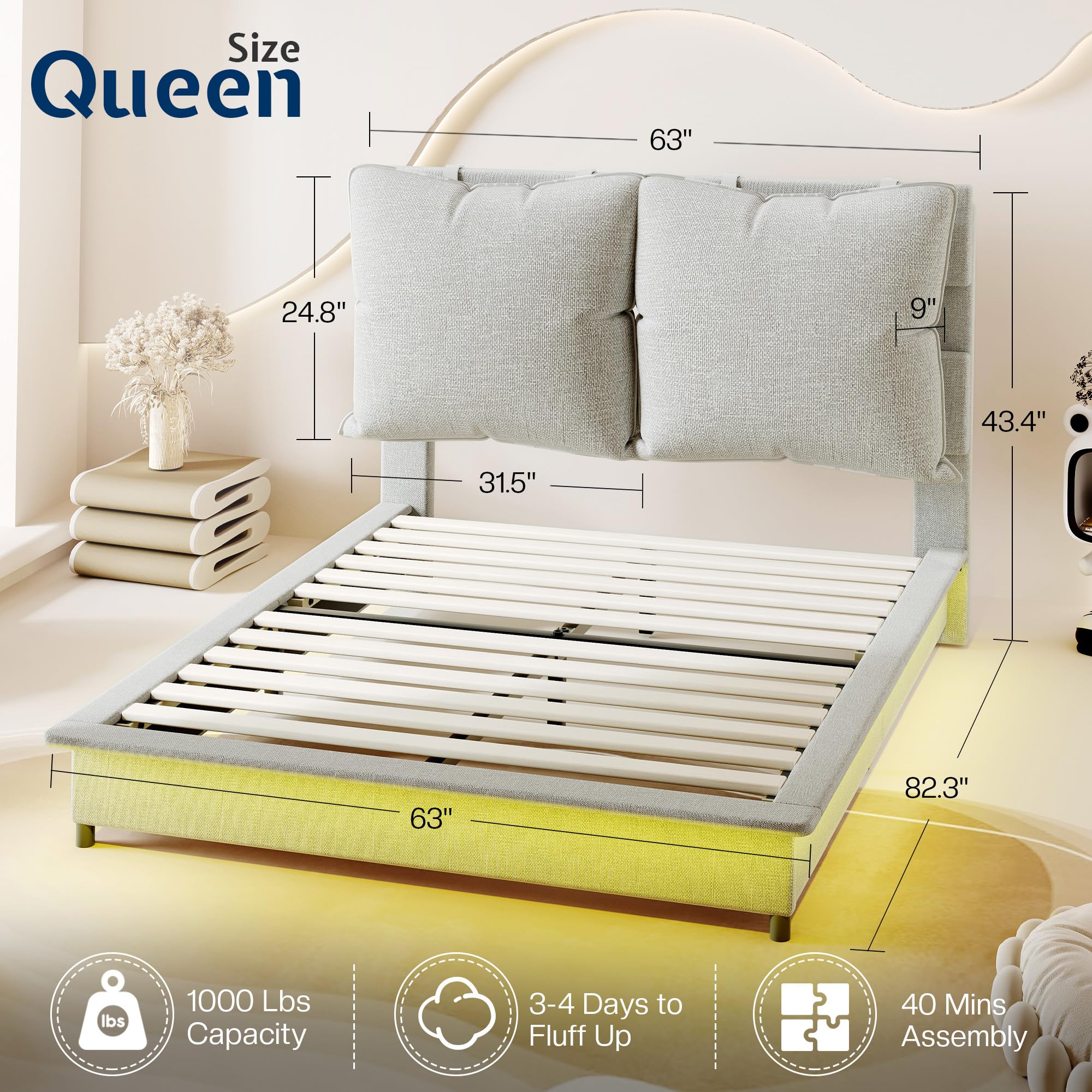Jocisland LED Queen Bed Frame with Headboard and Removable Oversized Upholstered Cushions, Stable Floating Design, Two Look Options, No Box Spring Needed, Easy Assembly,Grey