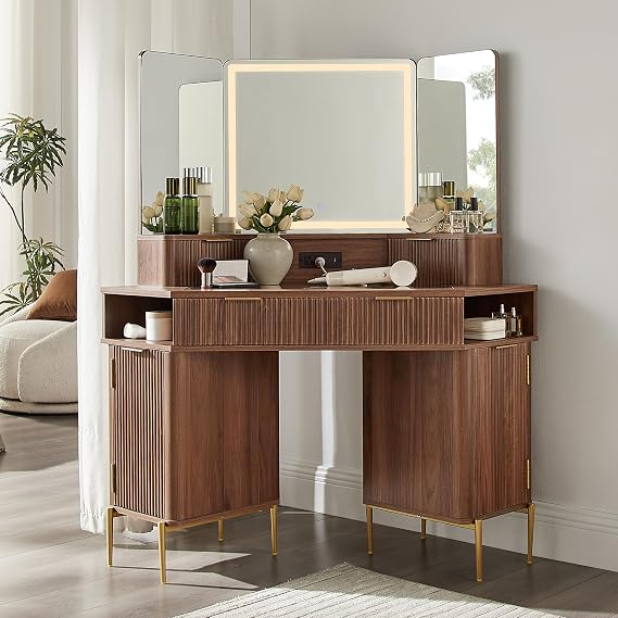 Corner Vanity Desk with Triple Mirror & Lights
