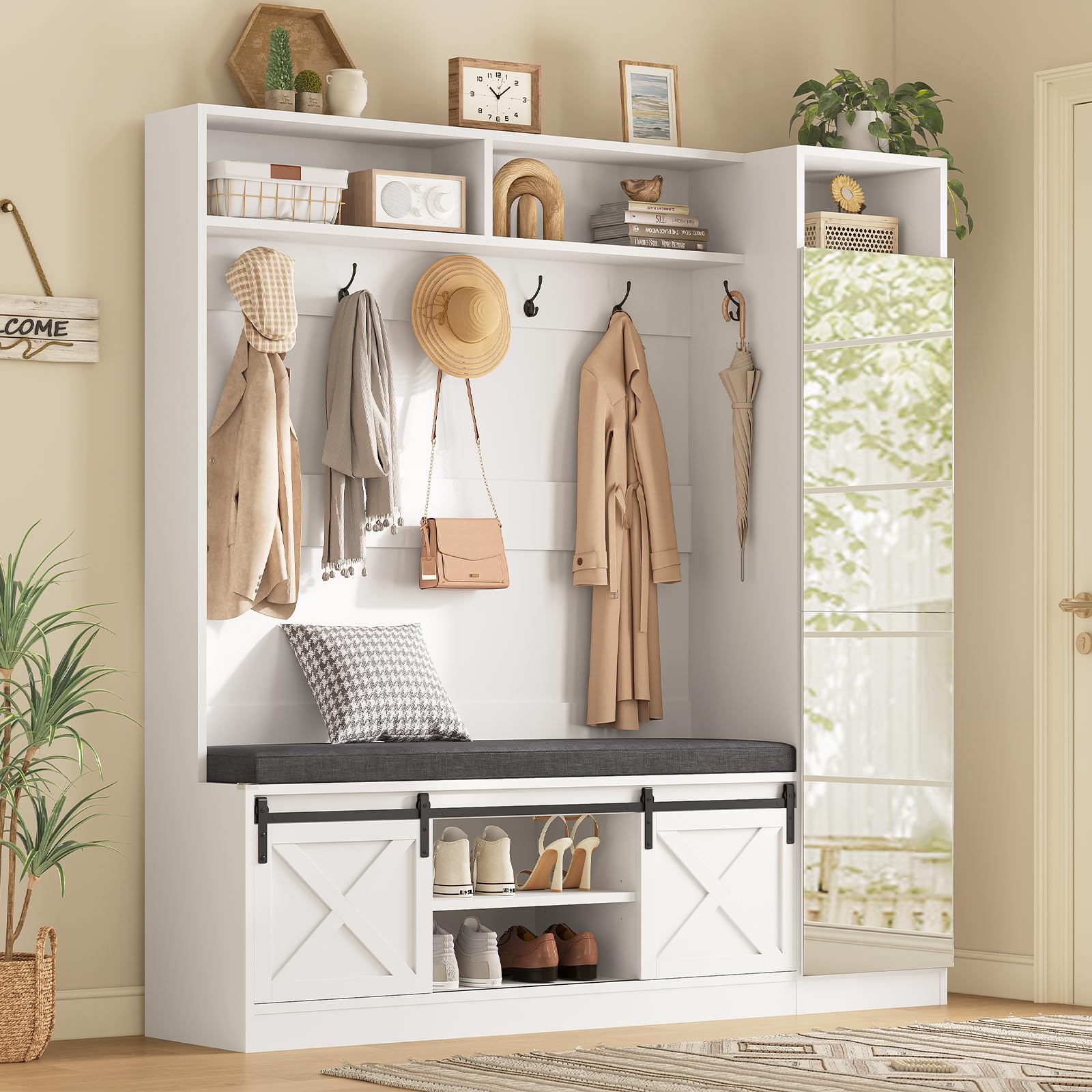 60IN Hall Tree with Bench, Shoe Storage & Mirror