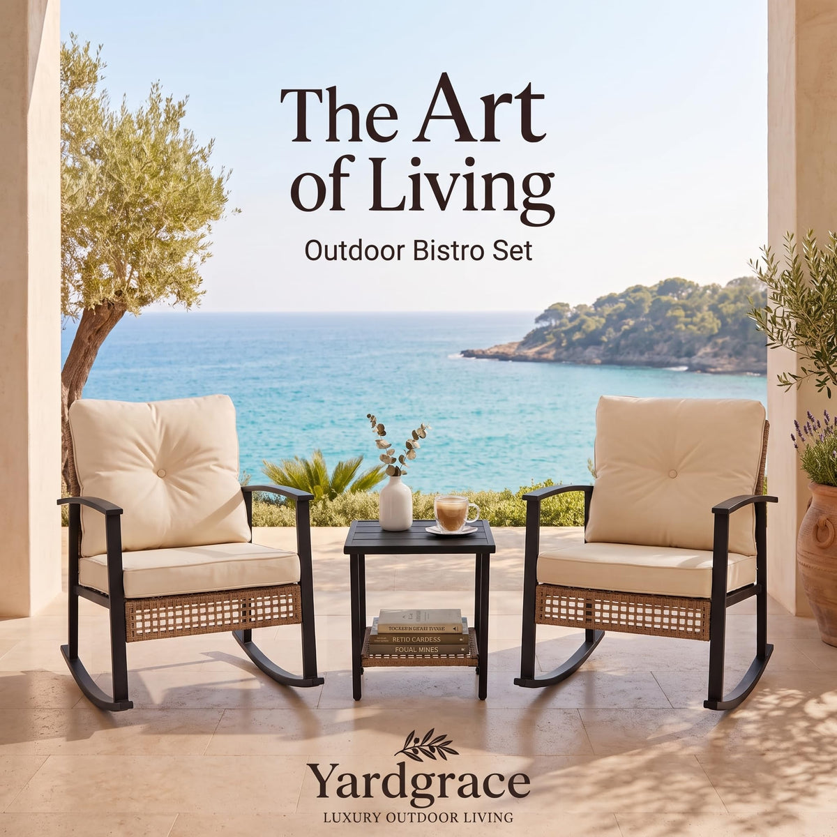 Yardgrace 3 Pieces Patio Furniture Set, Bistro Table and Chairs Set of 2, Outdoor Furniture Set with Thick Cushions and 2-Tier Coffee Table, Rocking Chair Outdoor for Backyard, Garden,Balcony, Beige