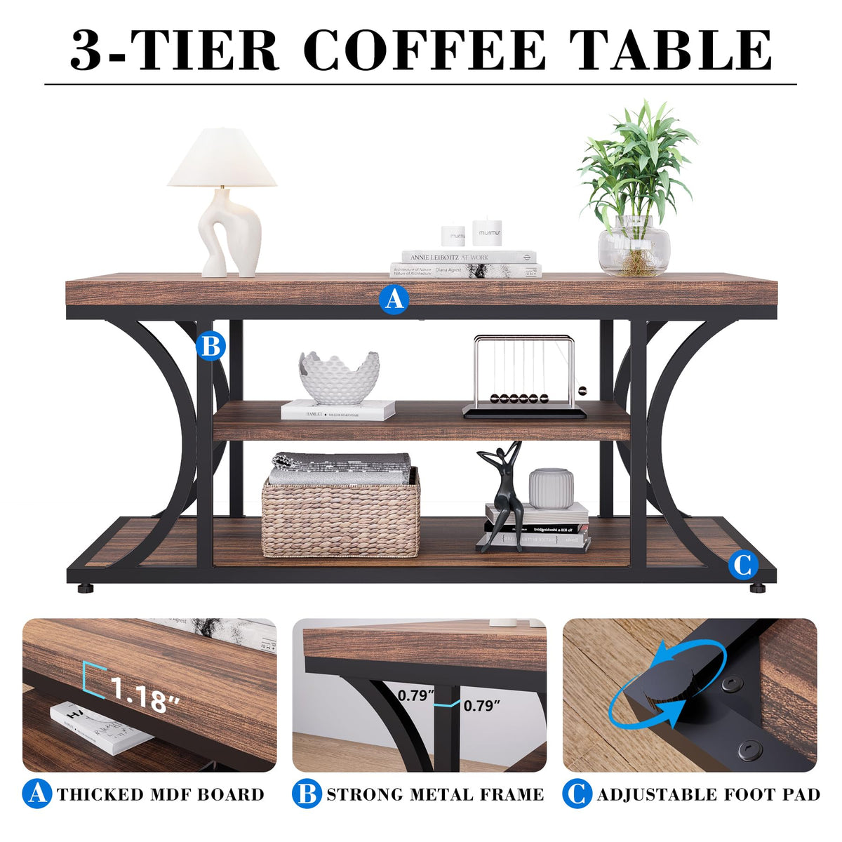 FUXJUM Coffee Table with Storage, 3-Tier Farmhouse Living Room Table