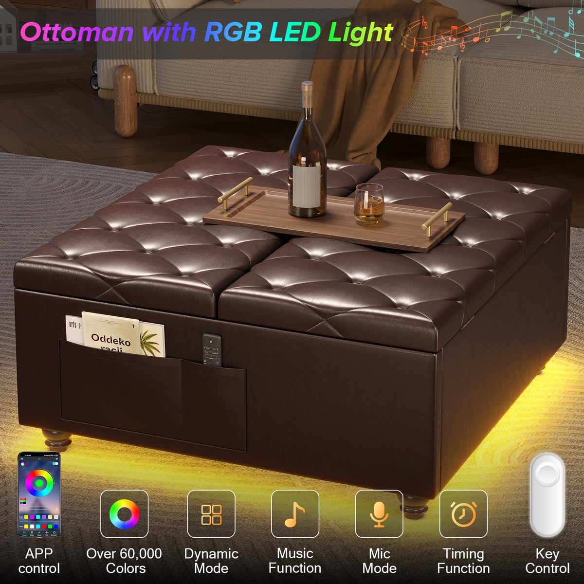 LED Storage Ottoman with Charging Station
