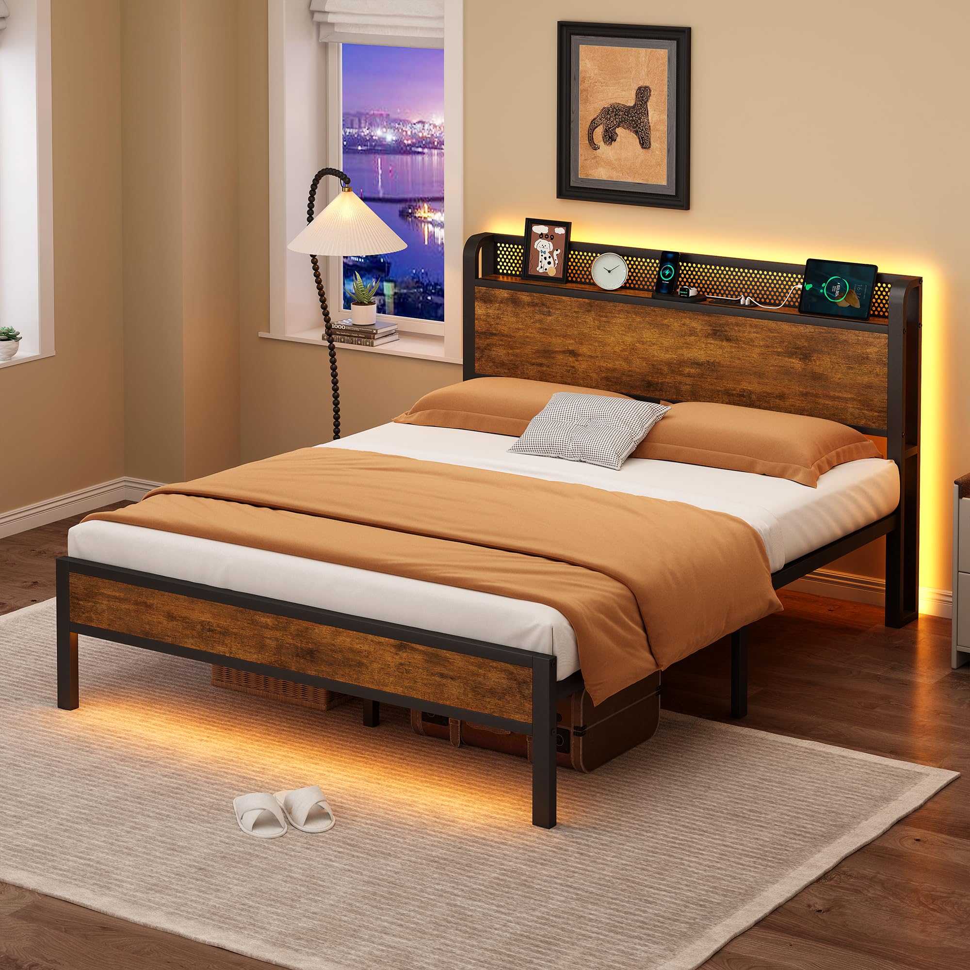 Nedenyou Full Bed Frame with Charging Station and LED Lights,Heavy Duty Platform Beds Full Size with Storage Headboard,USB Port,Rustic Wood and Strong Metal Support,No Box Spring Needed, Noise Free