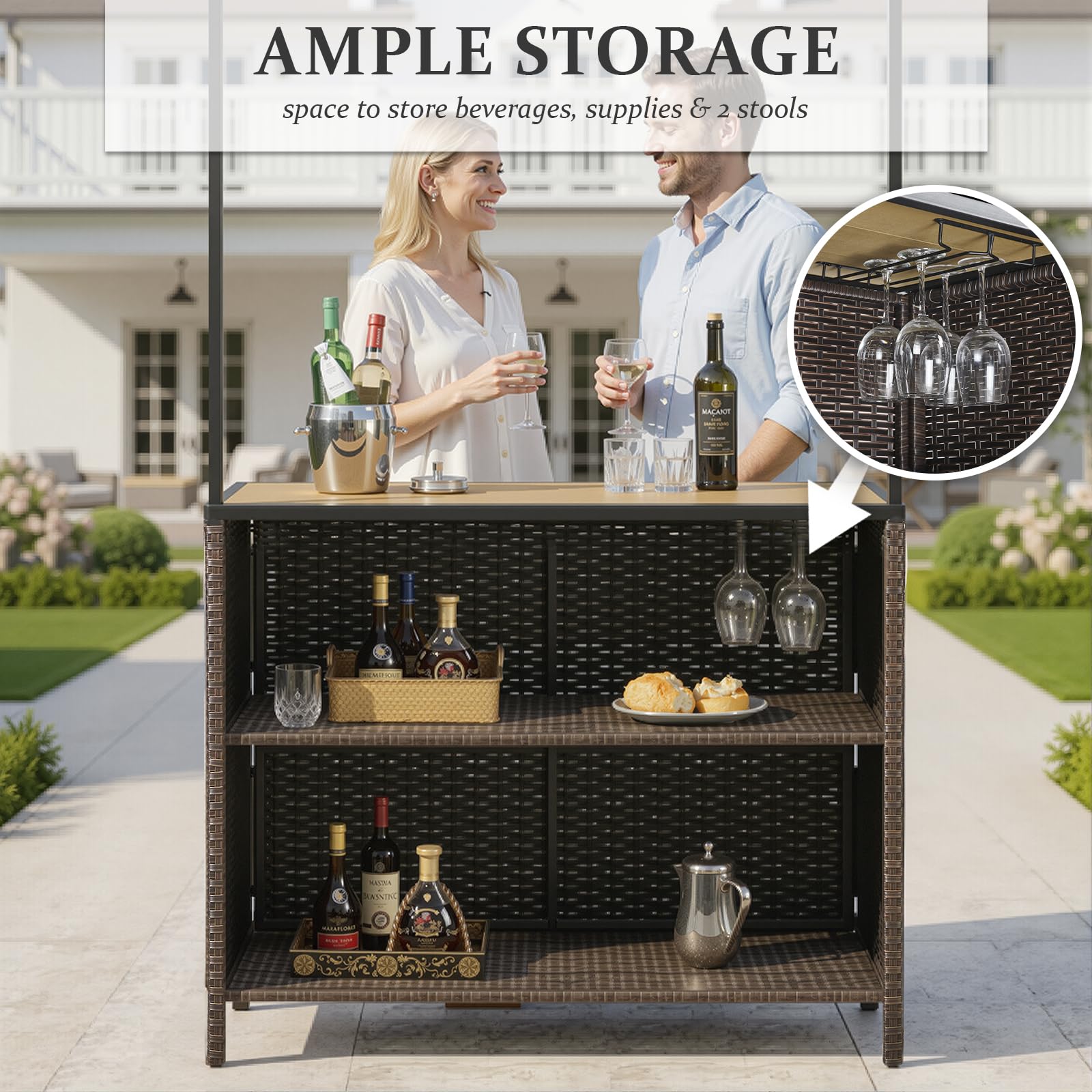 Opohoro Outdoor Tiki Bar Set - 3 Pieces Wicker Patio Bar Height Set with Palapa Top and 2 Stools, All-Weather Patio Bar Set with Storage Shelves & Wine Glass Rack for Garden Patio Backyard Brown