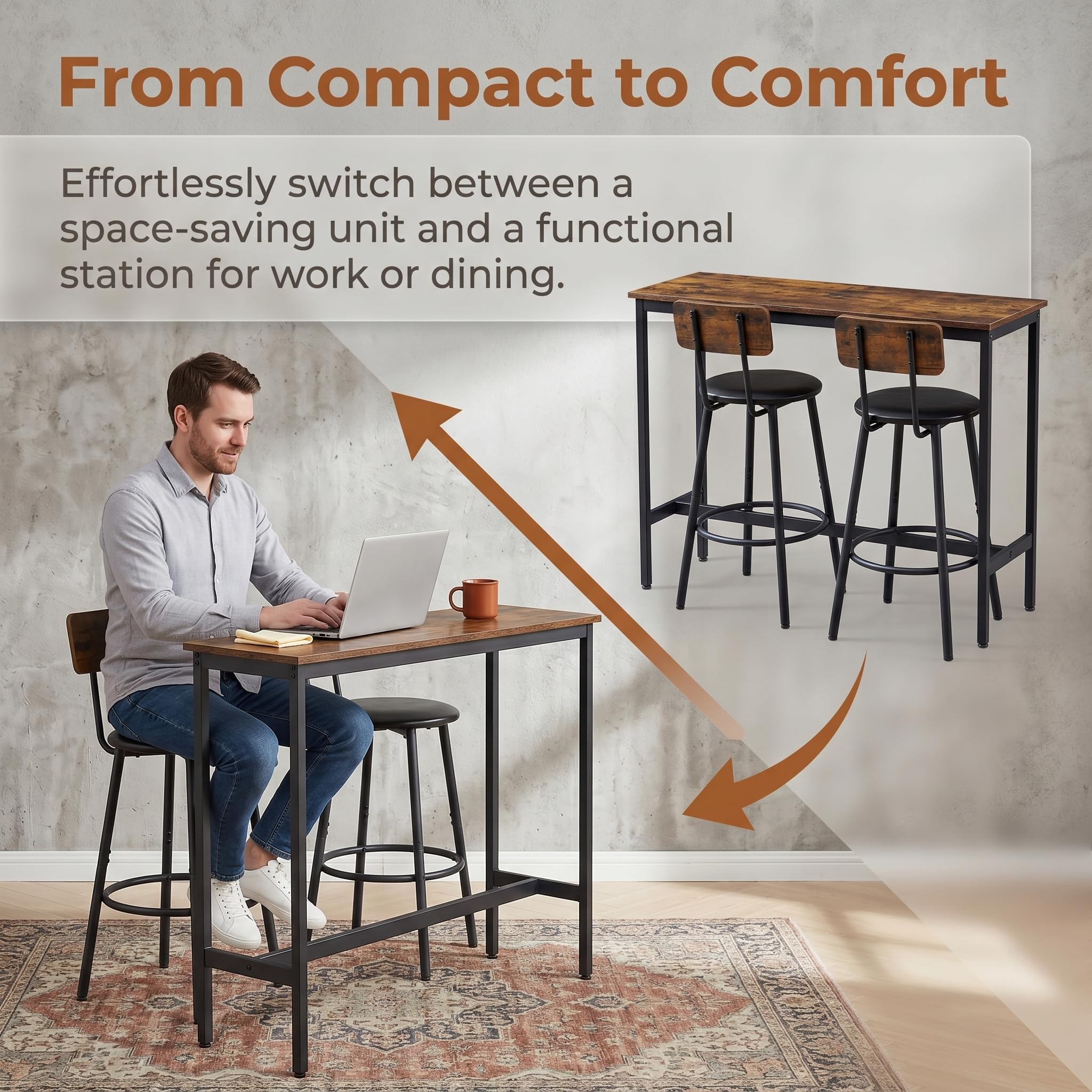 3-Piece Industrial Bar Table Set with 2 Stools
