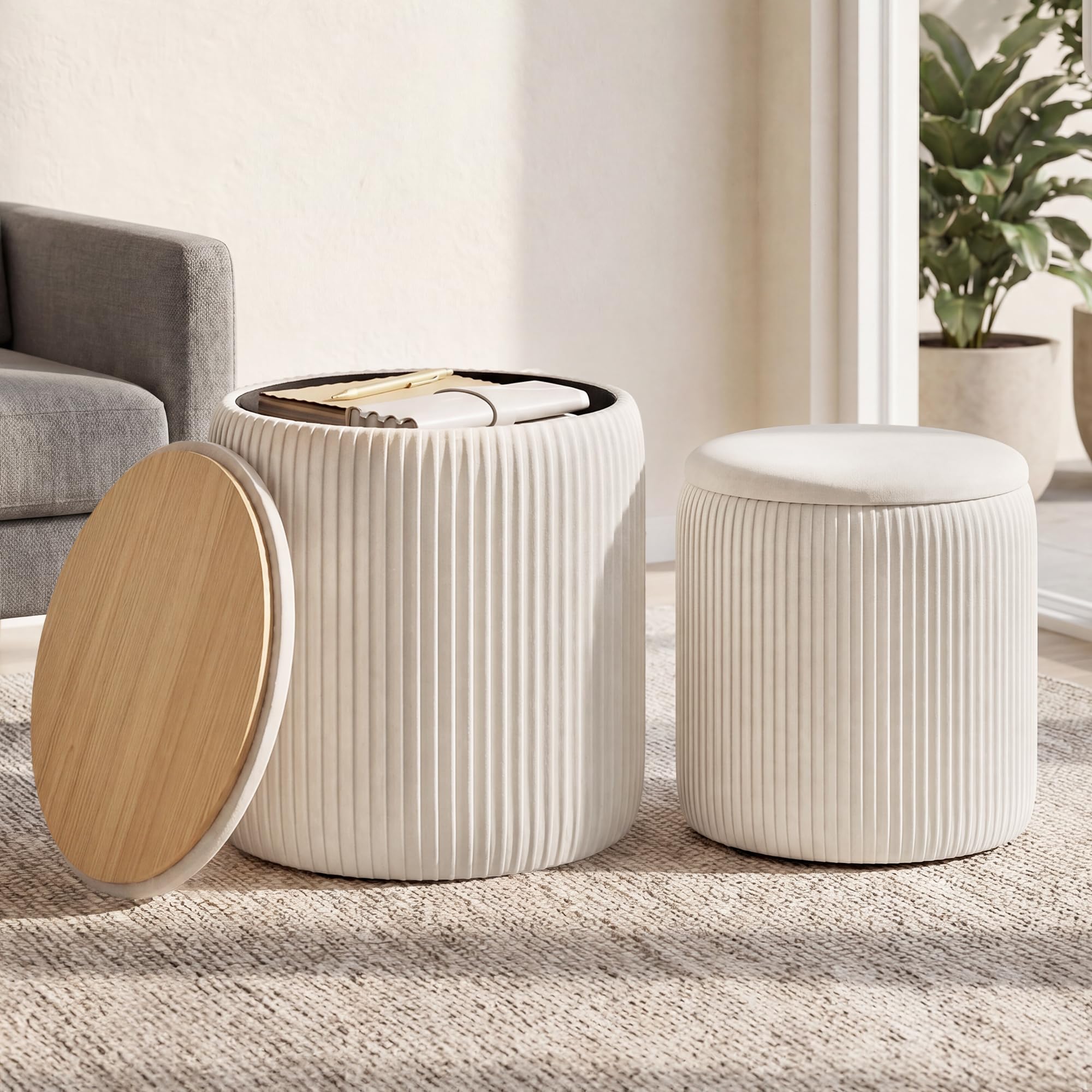 Round Storage Ottoman Set of 2 – Velvet Footstool with Removable Lid