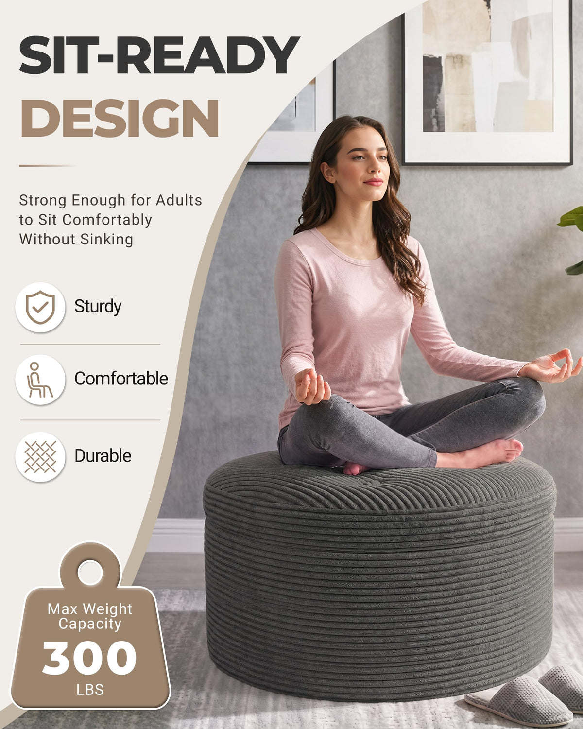 Fabulcozy 23.6in Round Pouf Ottoman, Corduroy Footstool Foot Rest Seating