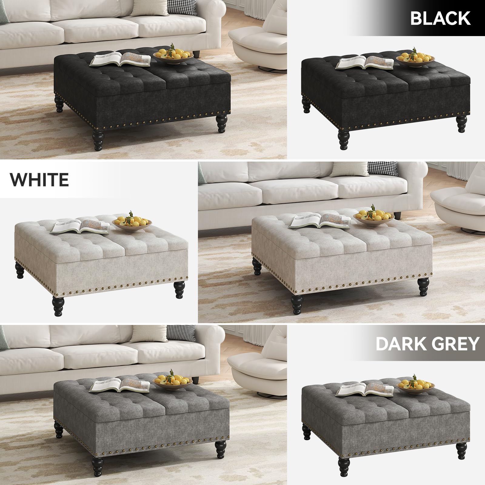 iabifo Large Square Leather Storage Ottoman Bench, Button Tufted Upholstered Coffee Table Ottoman with Solid Wooden Legs (Dark Gray)