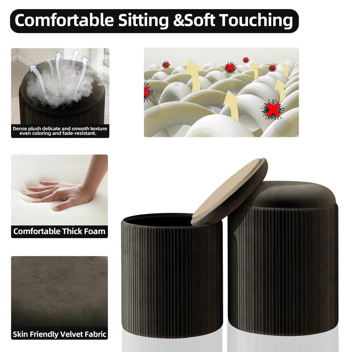 Black Velvet Storage Ottoman Set