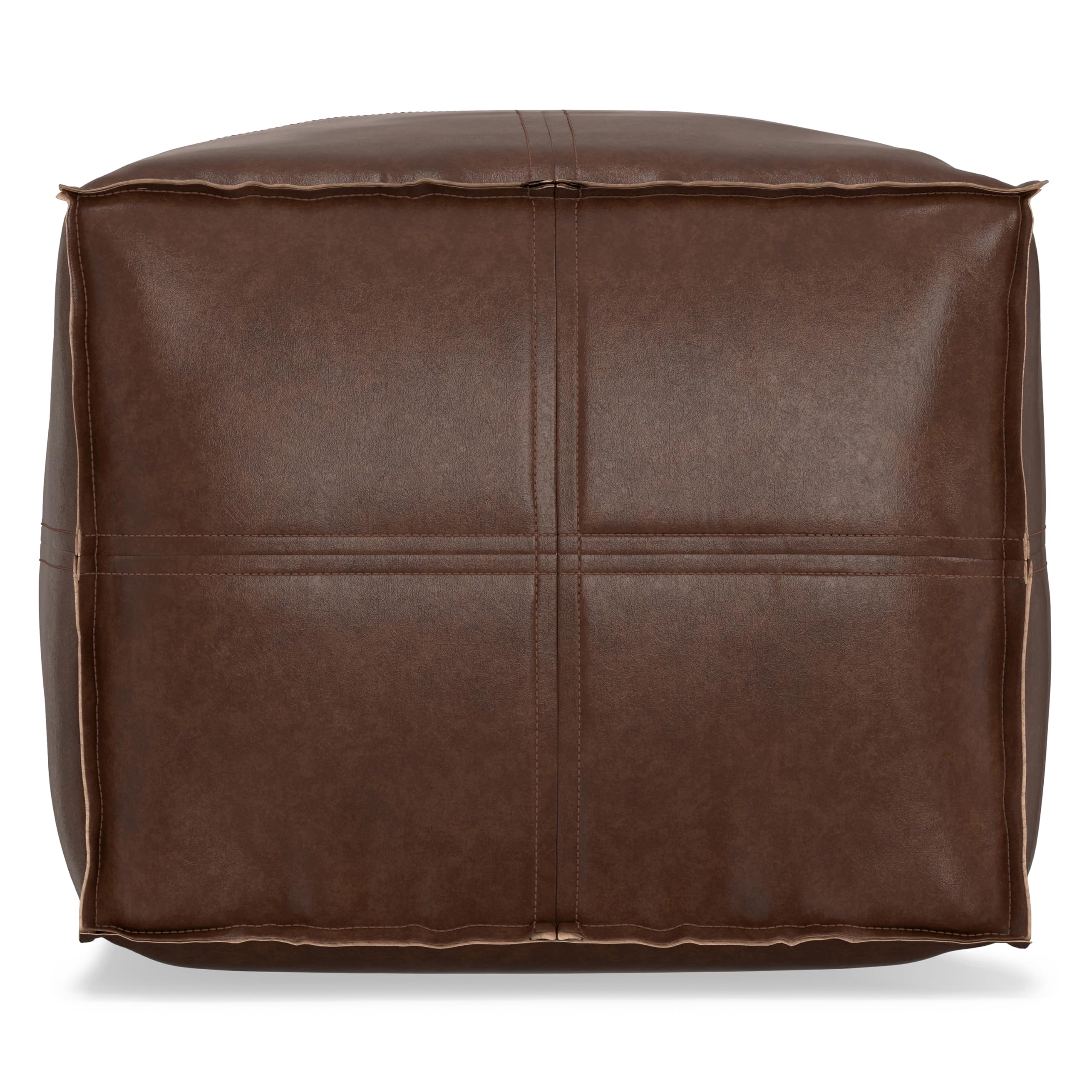 SIMPLIHOME Brody Square Pouf - 18" Wide x 14" High Upholstered Vegan Leather Ottoman in Distressed Dark Brown, Boho Footstool, Coffee Table or Extra Seating for Living Room or Bedroom, Assembled
