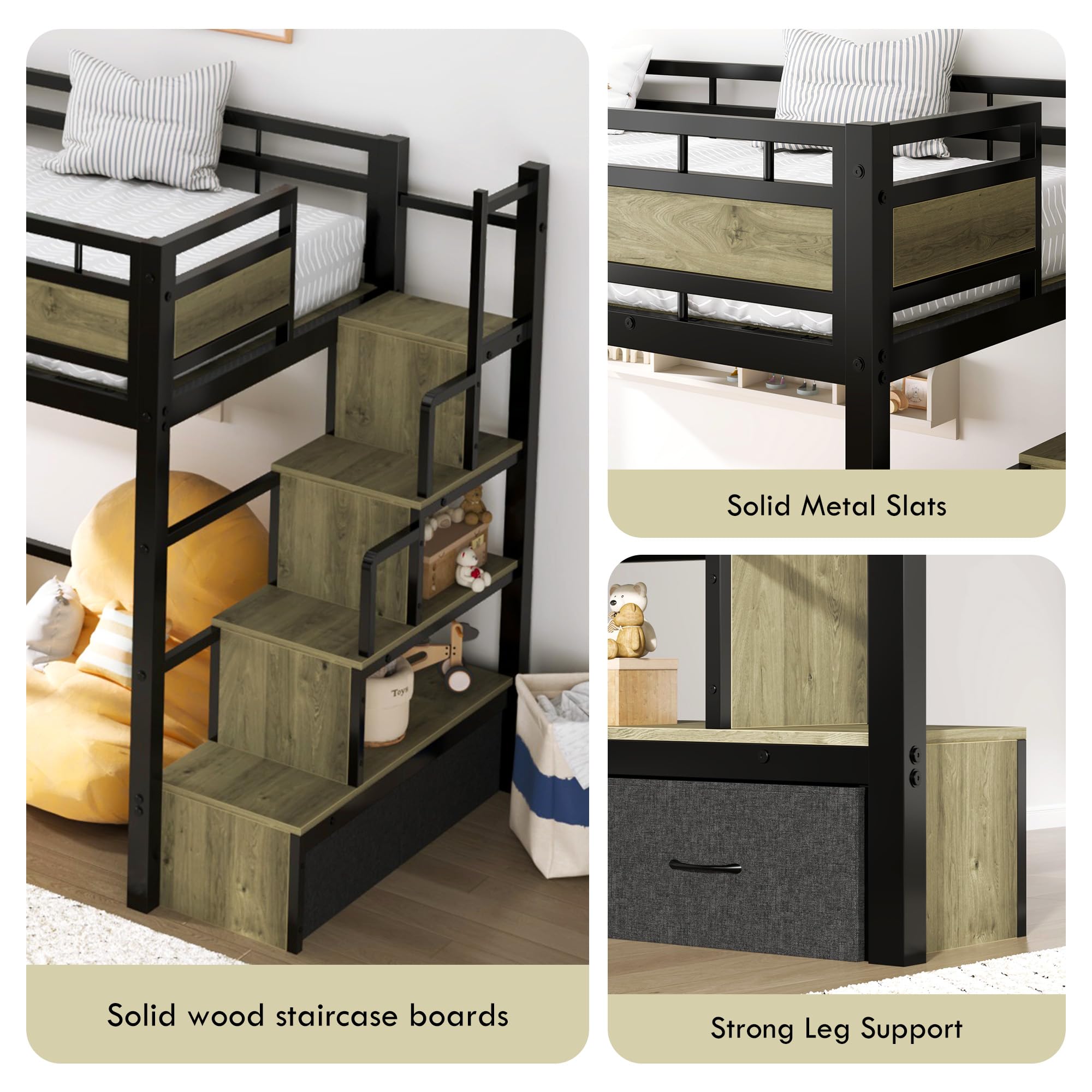 Twin Metal Loft Bed with Stairs & Storage Drawers