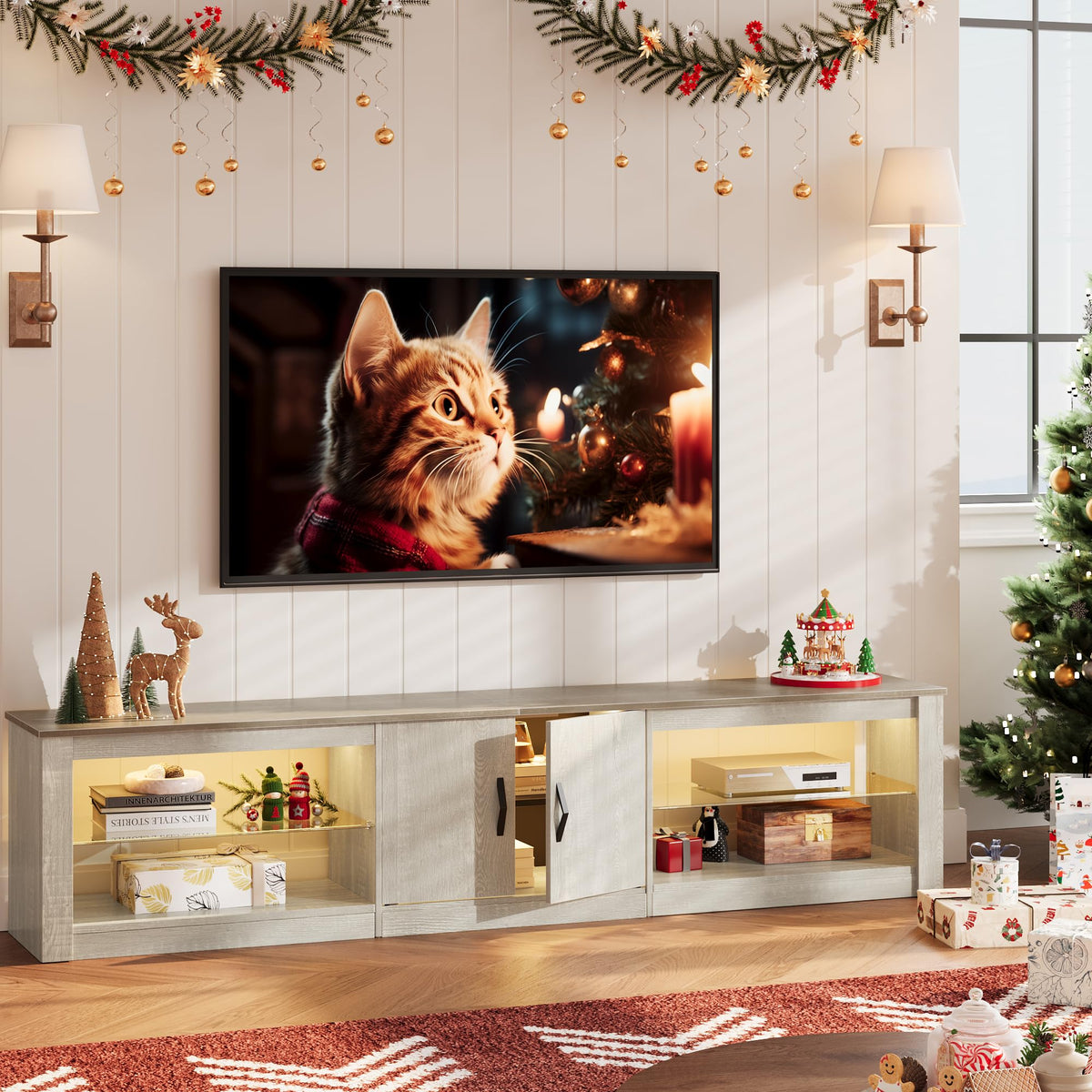 Bestier 80 Inch TV Stand for 75/77/85/86 inch TVs, LED Gaming Entertainment Center for PS5 with Storage Cabinet &Adjustable Glass Shelves, Modern TV Console Table for Living Room Bedroom, Wash White