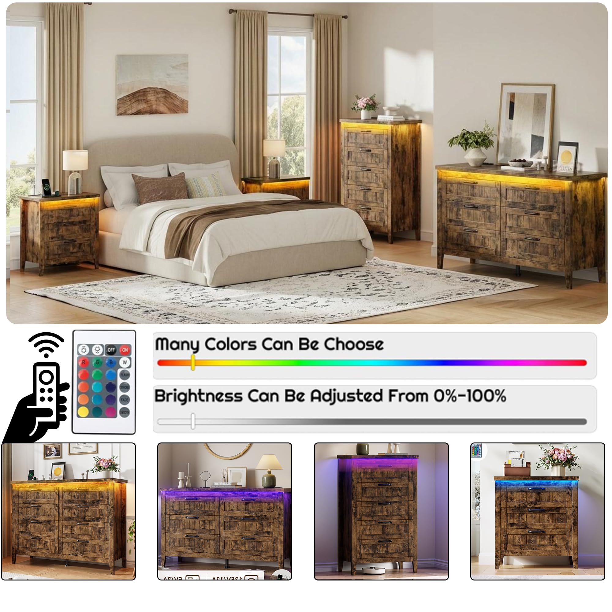 GarveeHome Farmhouse Tall 5 Drawer Dresser with Charging Station & LED Lights, Slim Wooden Bedroom Dresser, Rustic Chest of Drawers Clothes Storage Organizer for Closet Dorm Apartments, Retro