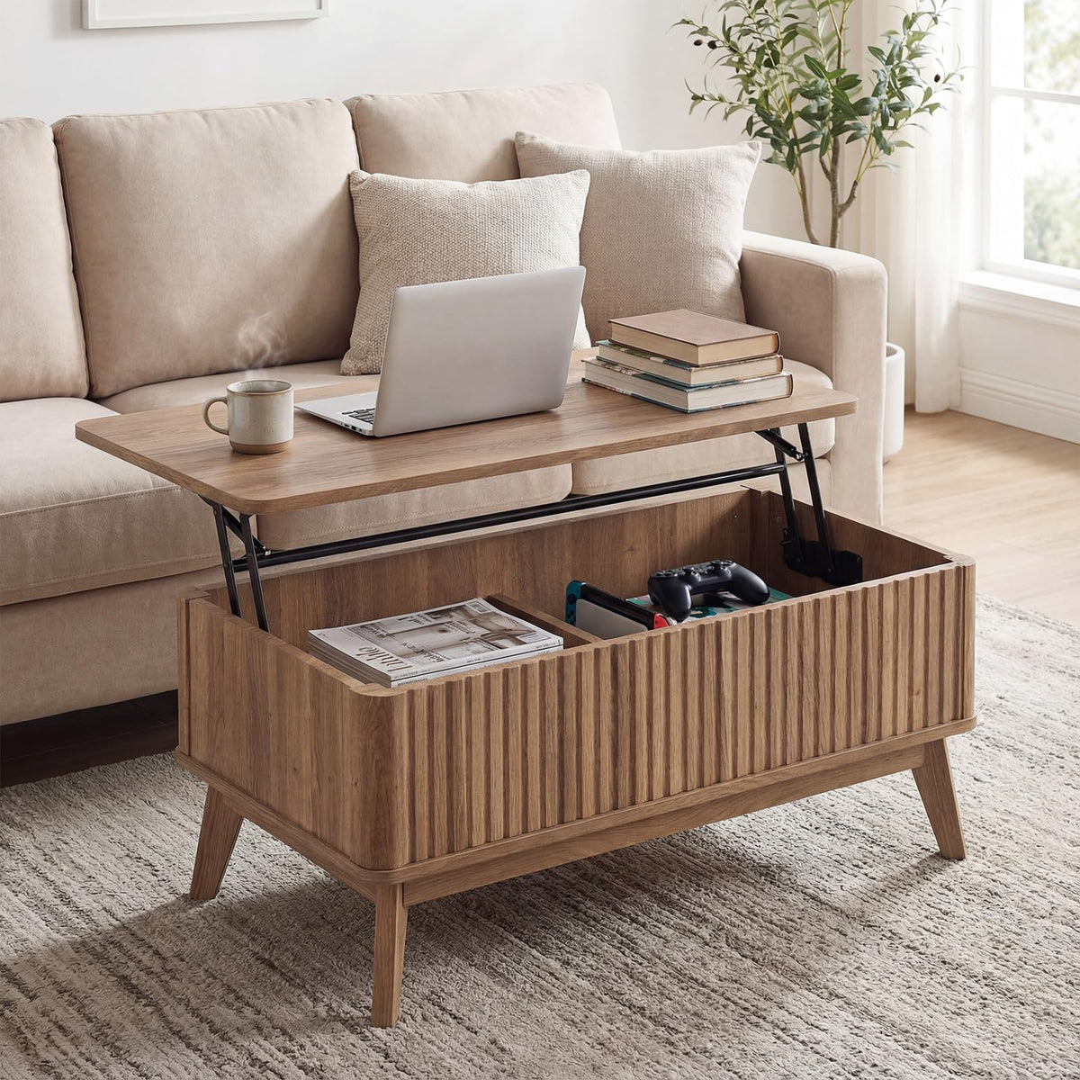 GIANTEX Lift Top Coffee Table with Storage, 35.5" Mid Century Modern Center Table with Solid Wood Leg & Hidden Compartment, Minimalist Fluted Living Room Table for Home Office, Oak