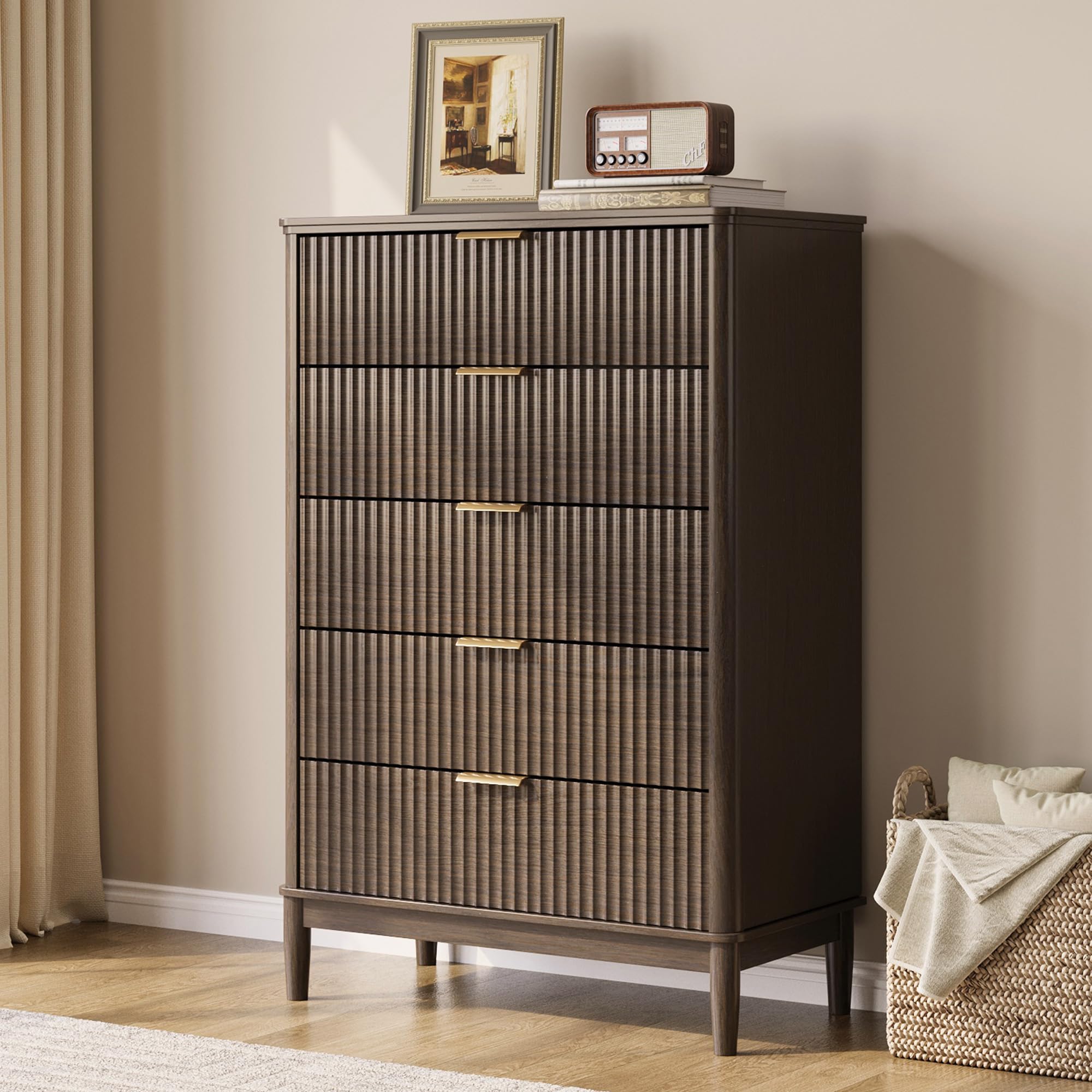 LINSY HOME Fluted Dresser for Bedroom with 5 Drawers, 46" Tall Mid Century Modern Dressers, Wide Boho Chest of Drawer, Large Wood Accent Storage Cabinet for Living Room, Curved Profile Design, Walnut