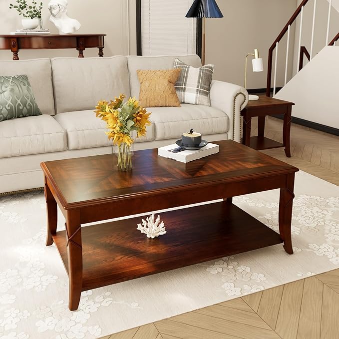 3-Piece Living Room Table Set – Coffee Table & 2 End Tables, Cherry Brown
