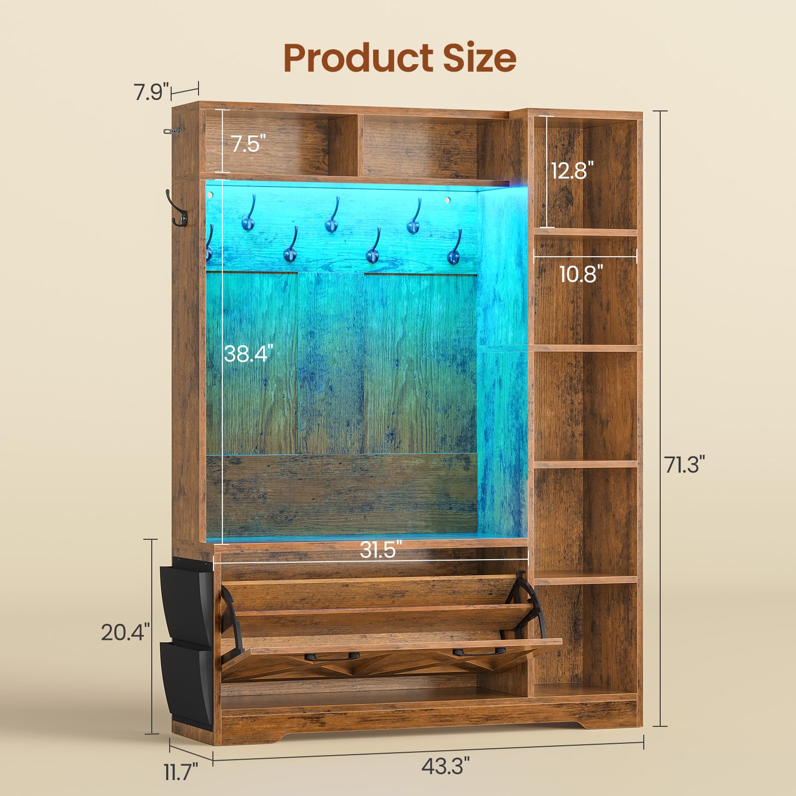 6-in-1 Hall Tree with Bench & Shoe Storage