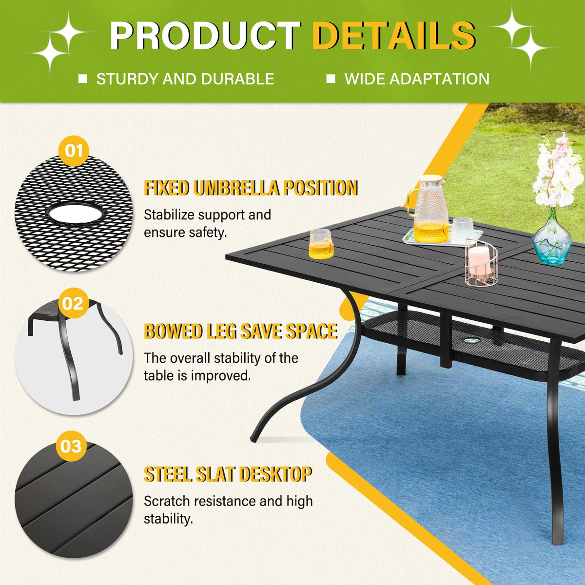 Incbruce Patio Dining Table, 60" x 36" Rectangle Metal Steel Slat Table, with 1.57" Umbrella Hole, for Backyards, Porches, Gardens or Poolside