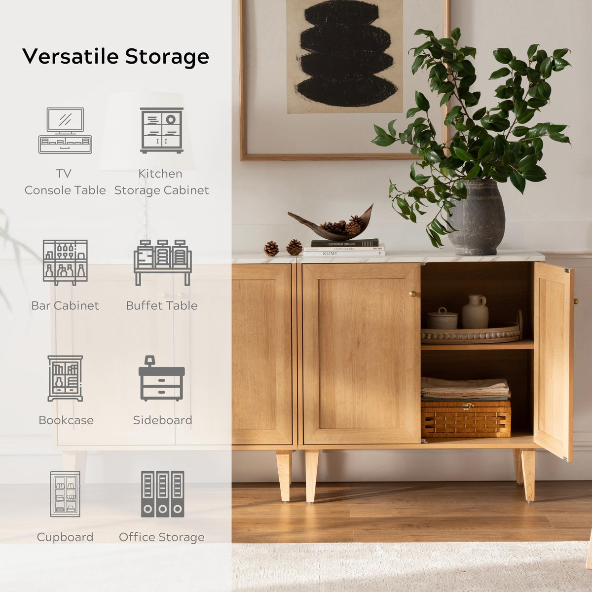 EYYTHUNG Storage Cabinet Set of 2, Sideboard Buffet Modern Accent Cabinets with Faux Marble Top & Adjustable Shelves, Credenza, Console Table Entryway Cabinet for Living Room, Oak