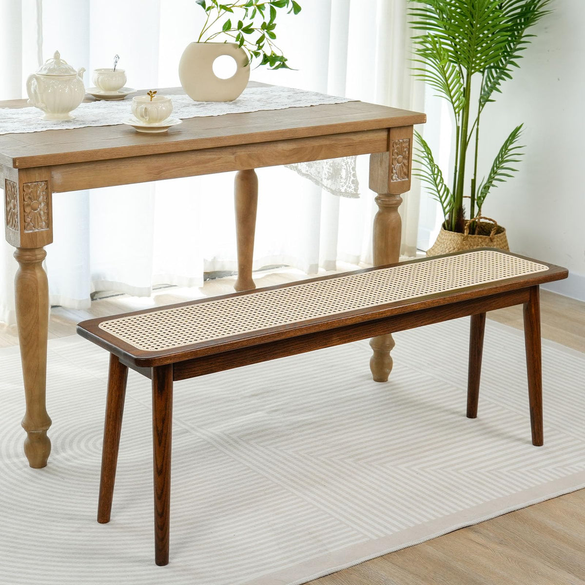 Solid Wood Rattan Bench