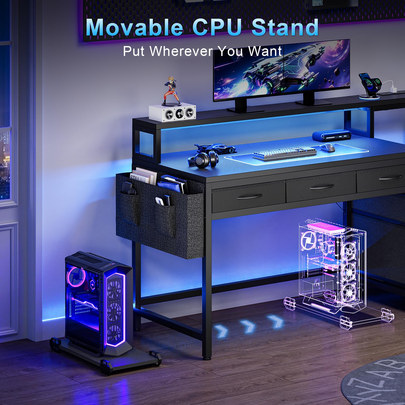 61" Gaming & Computer Desk with LED Lights, Charging Station & Monitor Stand