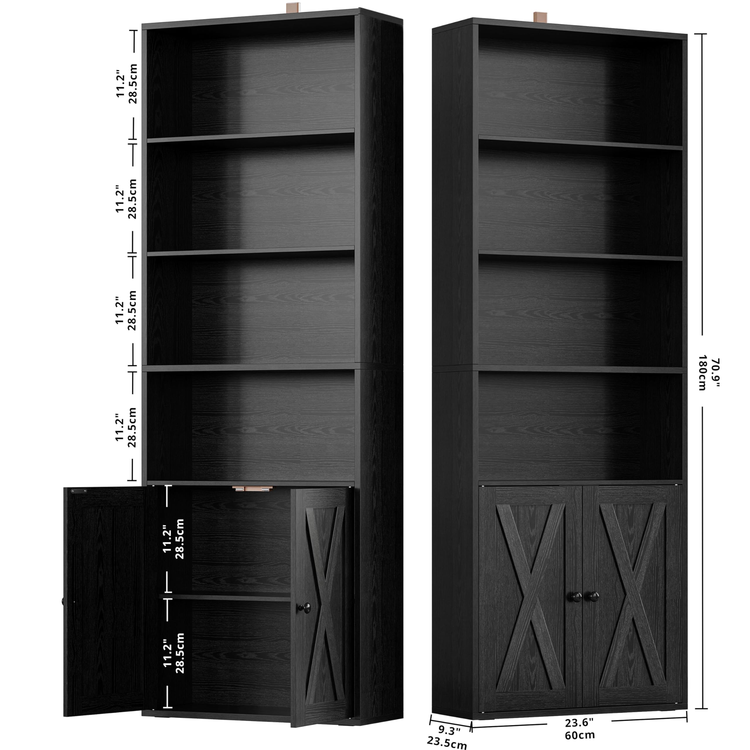 IRONCK Industrial Bookshelves and Bookcases with Doors Set of 2 Floor Standing 6 Shelf Display Storage Shelves 70 in Tall Bookcase for Home Office, Living Room