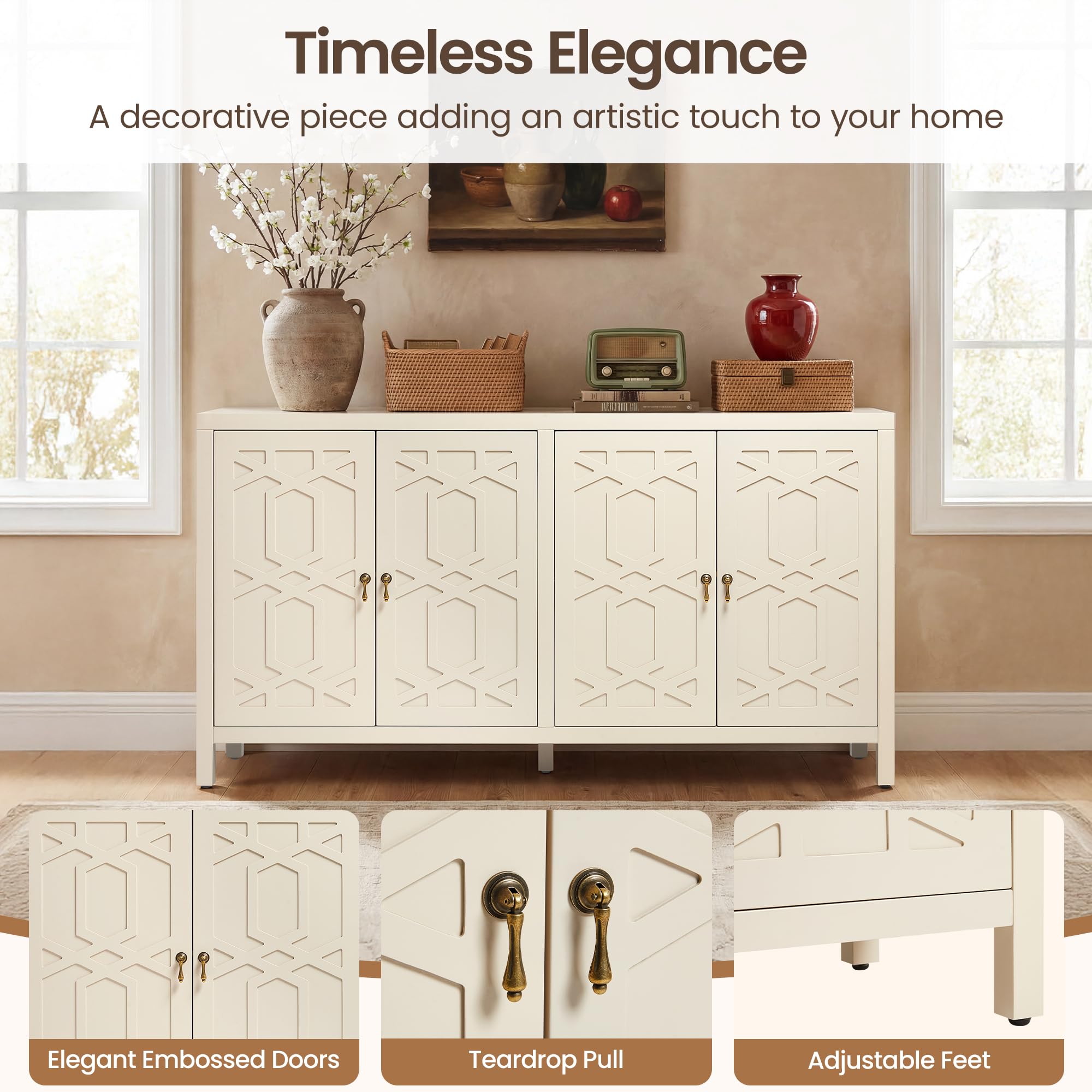 RoyalCraft Buffet Cabinet with Storage, 60" W Modern Coffee Bar Sideboard with 4 Doors & Adjustable Shelves, Painted Wooden Credenza for Dining Room, Kitchen, Living Room, Beige
