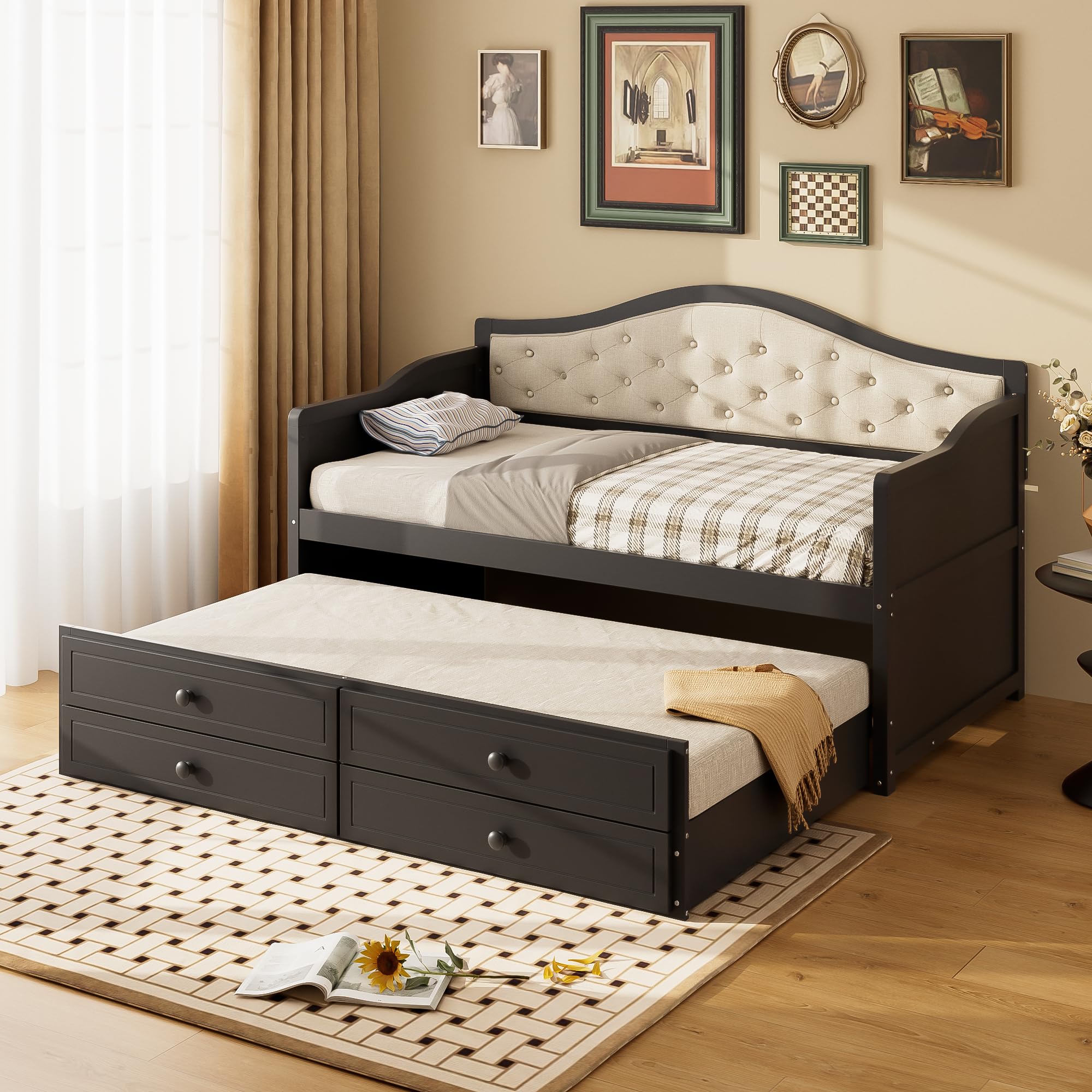 Bellemave Twin Size Daybed Frame with Trundle and Storage Drawers,Day Bed Frame Twin Size,Wood Daybed with Upholstered Button Tufted Backrest for Bedroom,Living Room,Black